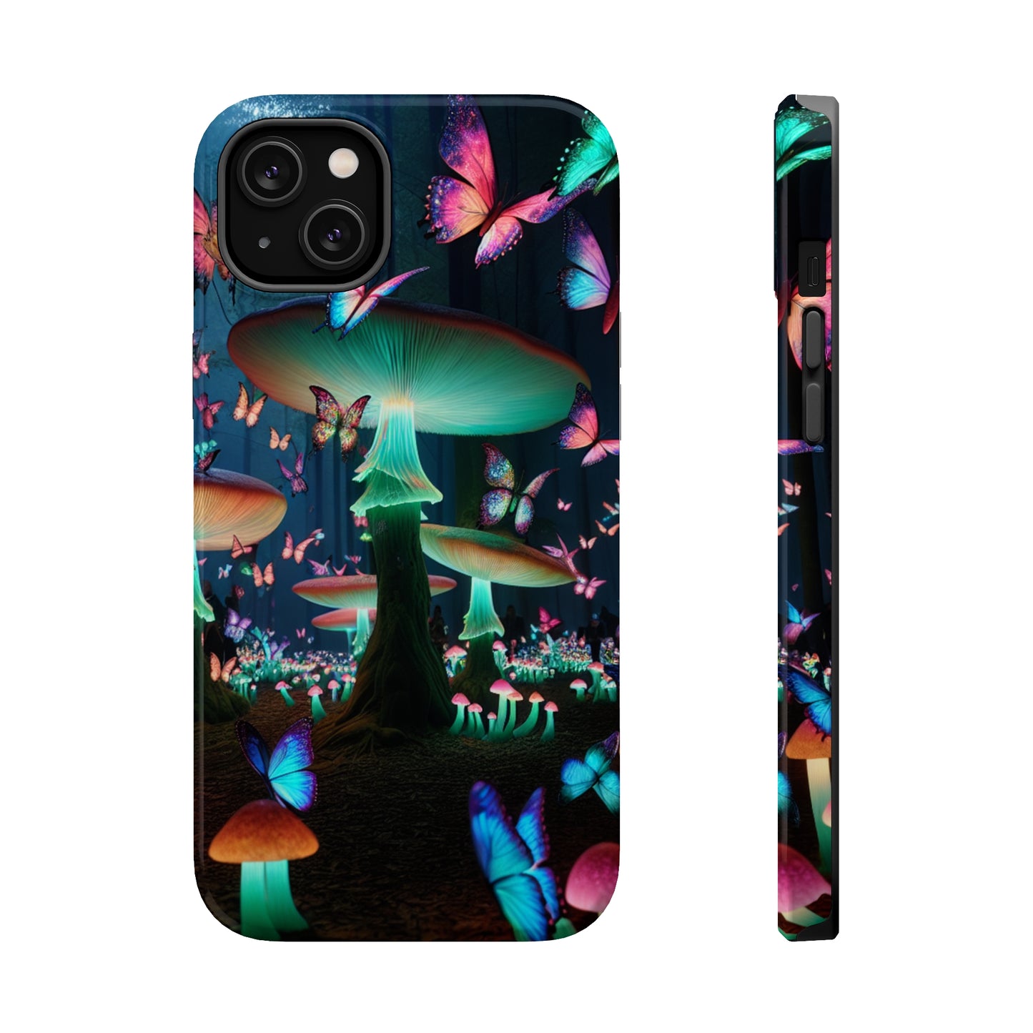 Neon Garden Delight. Neon Butterflies and Mushrooms Premium Art Magsafe Magnet Tough IPhone 13 14 15 Pro Plus Max and Mini in Matte and Glossy Phone cases