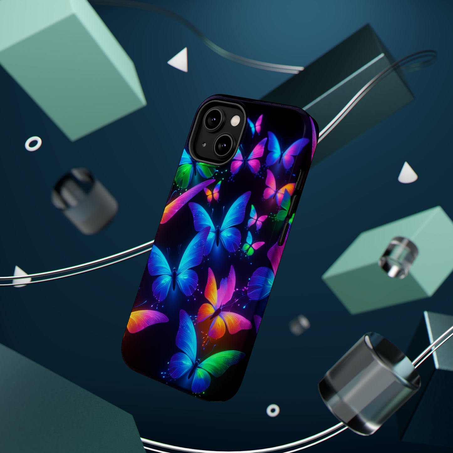 "Vibrant Neon Flutter" Neon Butterflies Premium Art Magsafe Magnet Tough IPhone 13 14 15 Pro Plus Max and Mini in Matte and Glossy Phone cases