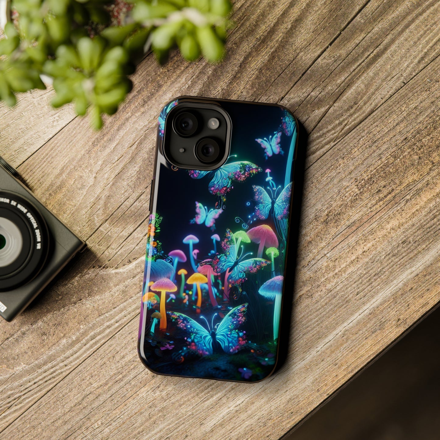 "Neon Dreamscape" Neon Butterflies and Mushrooms Premium Art Magsafe Magnet Tough IPhone 13 14 15 Pro Plus Max and Mini in Matte and Glossy Phone cases