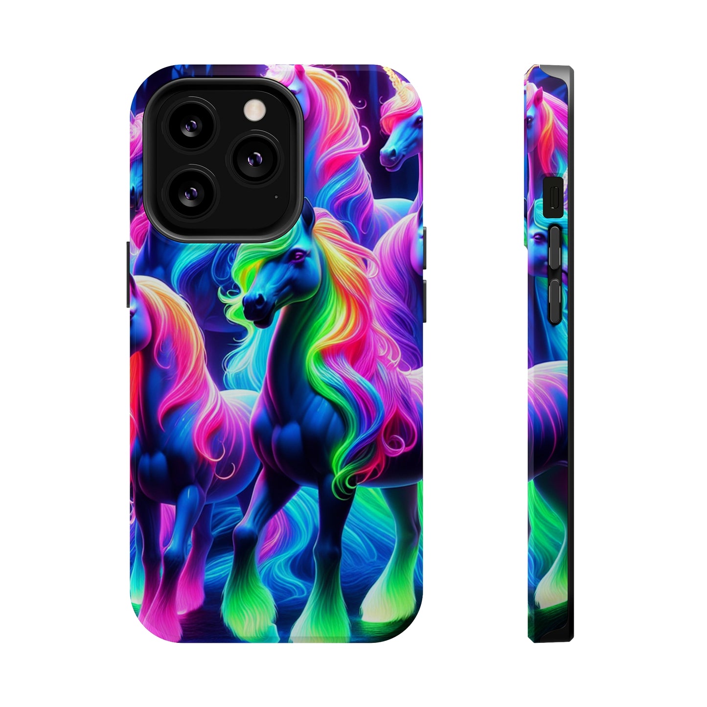 Neon Magic Skies - Unicorn Gang. Neon Unicorns Premium Art Magsafe Magnet Tough IPhone 13 14 15 Pro Plus Max and Mini in Matte and Glossy Phone cases