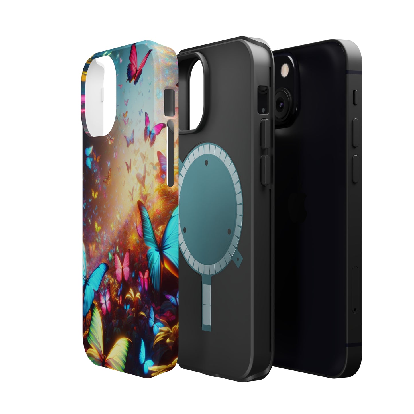"Neon Butterfly Blooms" Neon Butterflies Premium Art Magsafe Magnet Tough IPhone 13 14 15 Pro Plus Max and Mini in Matte and Glossy Phone cases