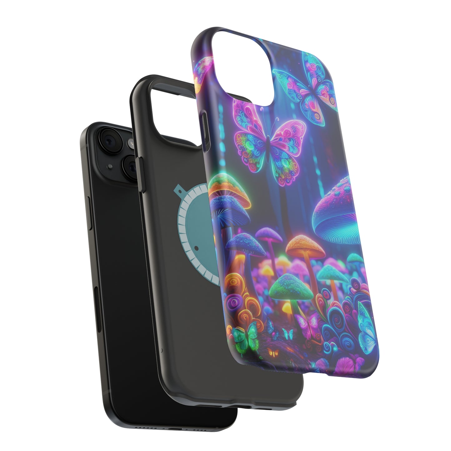 Neon Ecstasy. Neon Butterflies and Mushrooms Premium Art Magsafe Magnet Tough IPhone 13 14 15 Pro Plus Max and Mini in Matte and Glossy Phone cases