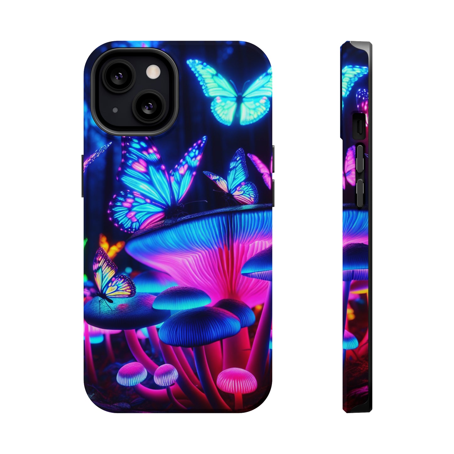 Neon Fantasy Garden Neon Butterflies and Mushrooms Premium Art Magsafe Magnet Tough IPhone 13 14 15 Pro Plus Max and Mini in Matte and Glossy Phone cases
