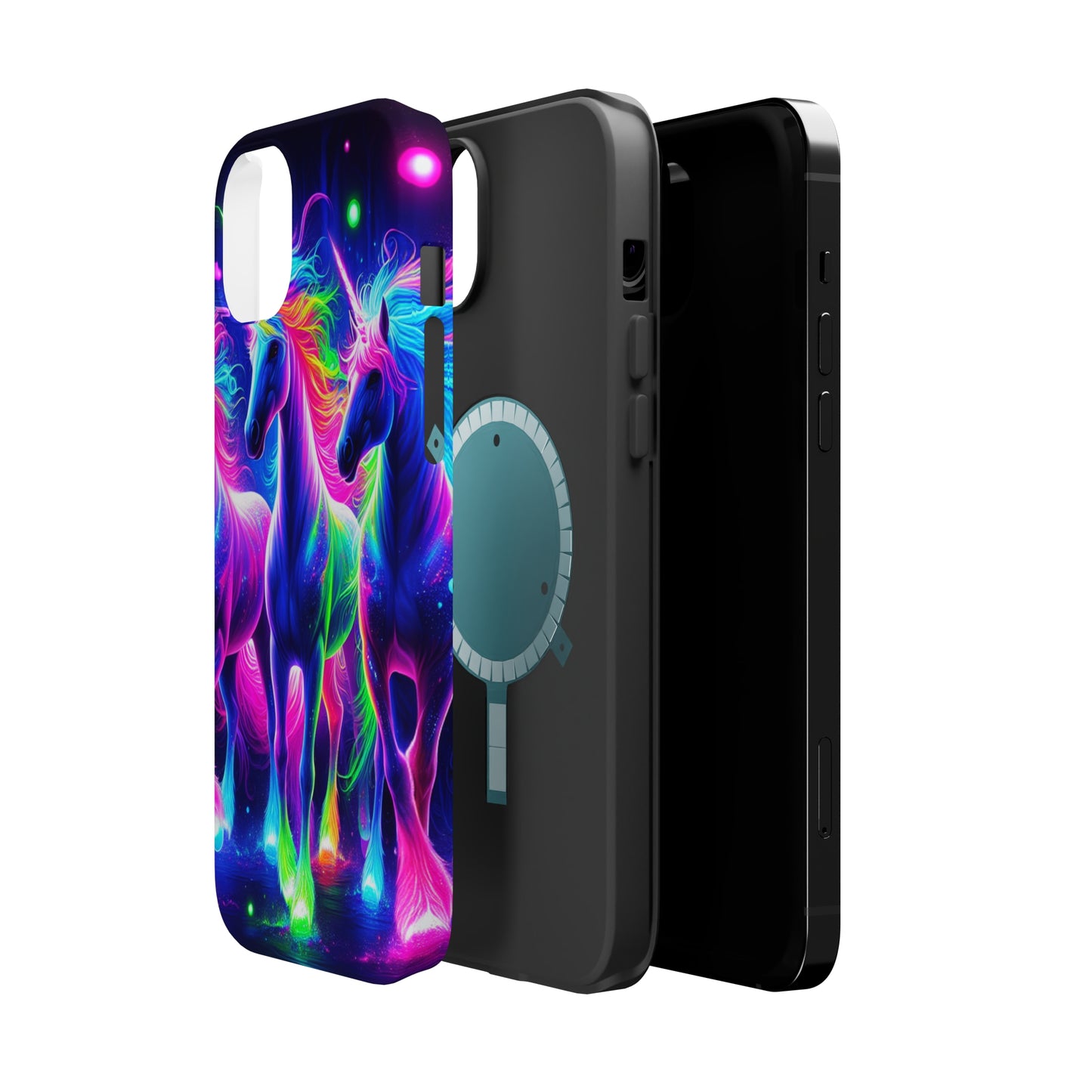 "Uni-Neon Fantasy" Neon Unicorns Premium Art Magsafe Magnet Tough IPhone 13 14 15 Pro Plus Max and Mini in Matte and Glossy Phone cases
