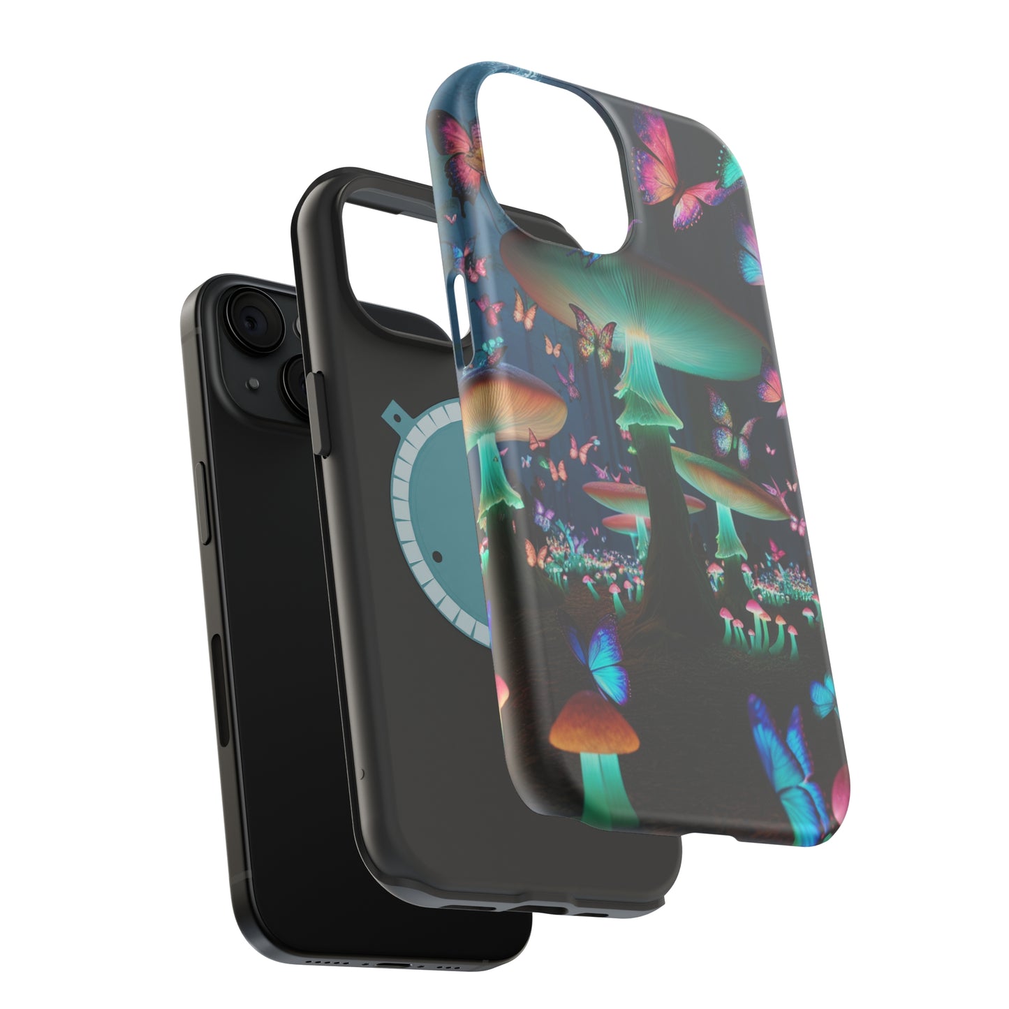 Neon Garden Delight. Neon Butterflies and Mushrooms Premium Art Magsafe Magnet Tough IPhone 13 14 15 Pro Plus Max and Mini in Matte and Glossy Phone cases