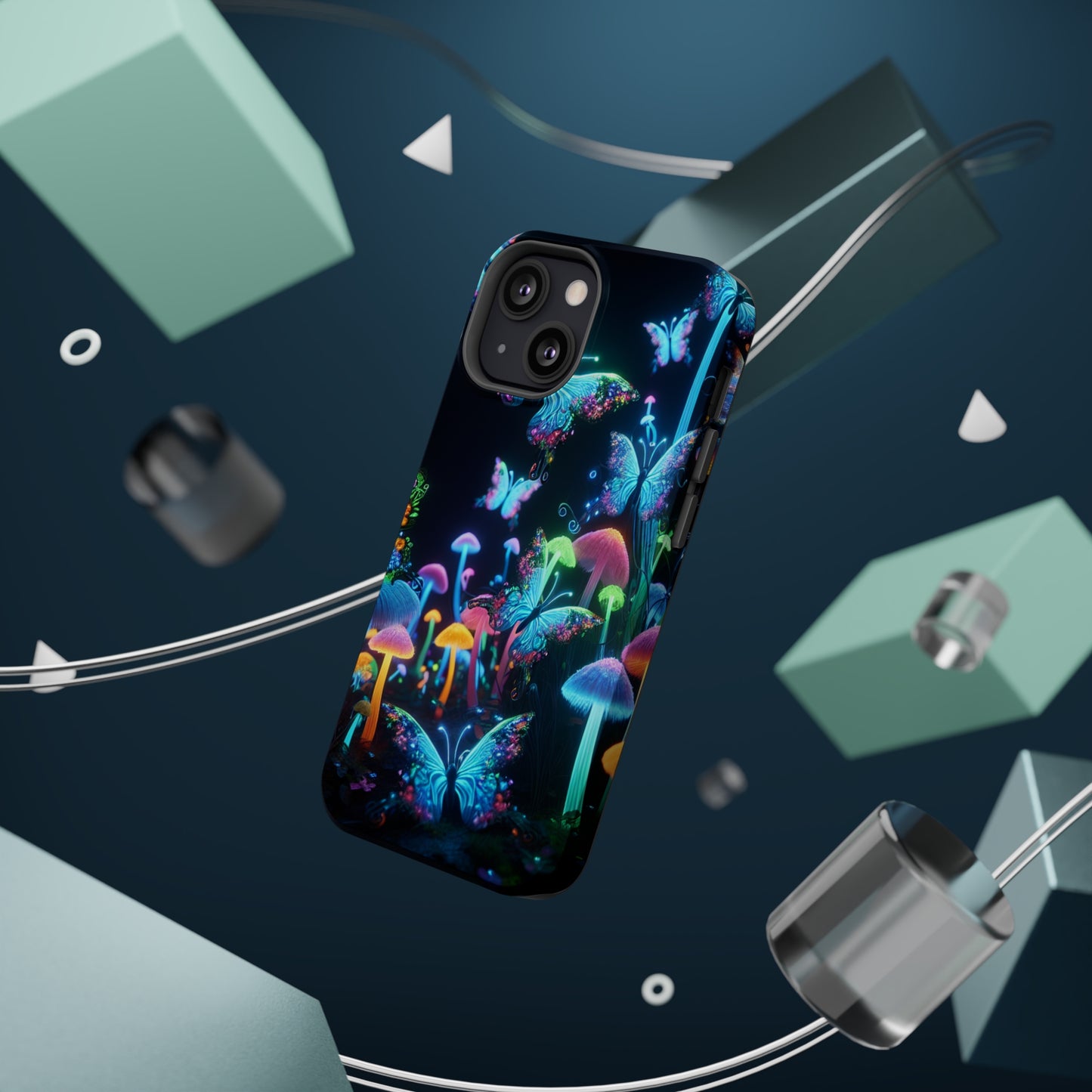 "Neon Dreamscape" Neon Butterflies and Mushrooms Premium Art Magsafe Magnet Tough IPhone 13 14 15 Pro Plus Max and Mini in Matte and Glossy Phone cases