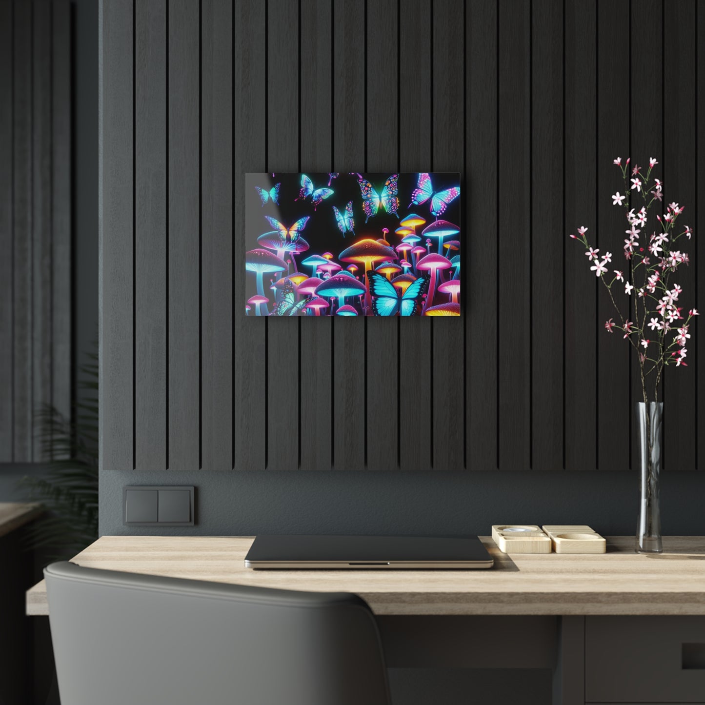 "Neon Splendor". Butterflies & Mushrooms 1/4" Glossy Acrylic Art
