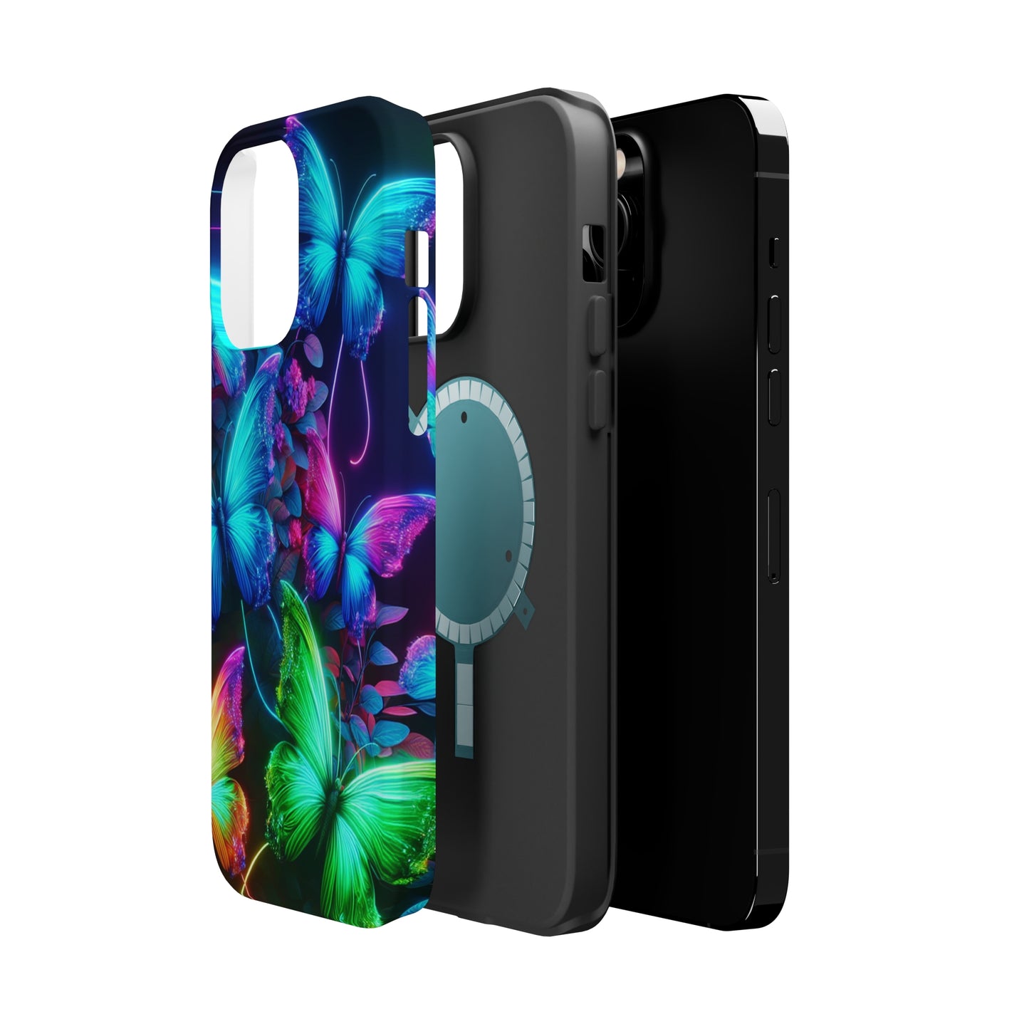Neon Flutter Symphony Neon Butterflies Premium Art Magsafe Magnet Tough IPhone 13 14 15 Pro Plus Max and Mini in Matte and Glossy Phone cases