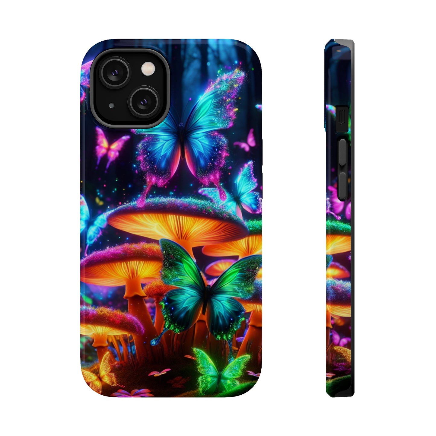 Neon Fantasia. Neon Butterflies and Mushrooms Premium Art Magsafe Magnet Tough IPhone 13 14 15 Pro Plus Max and Mini in Matte and Glossy Phone cases