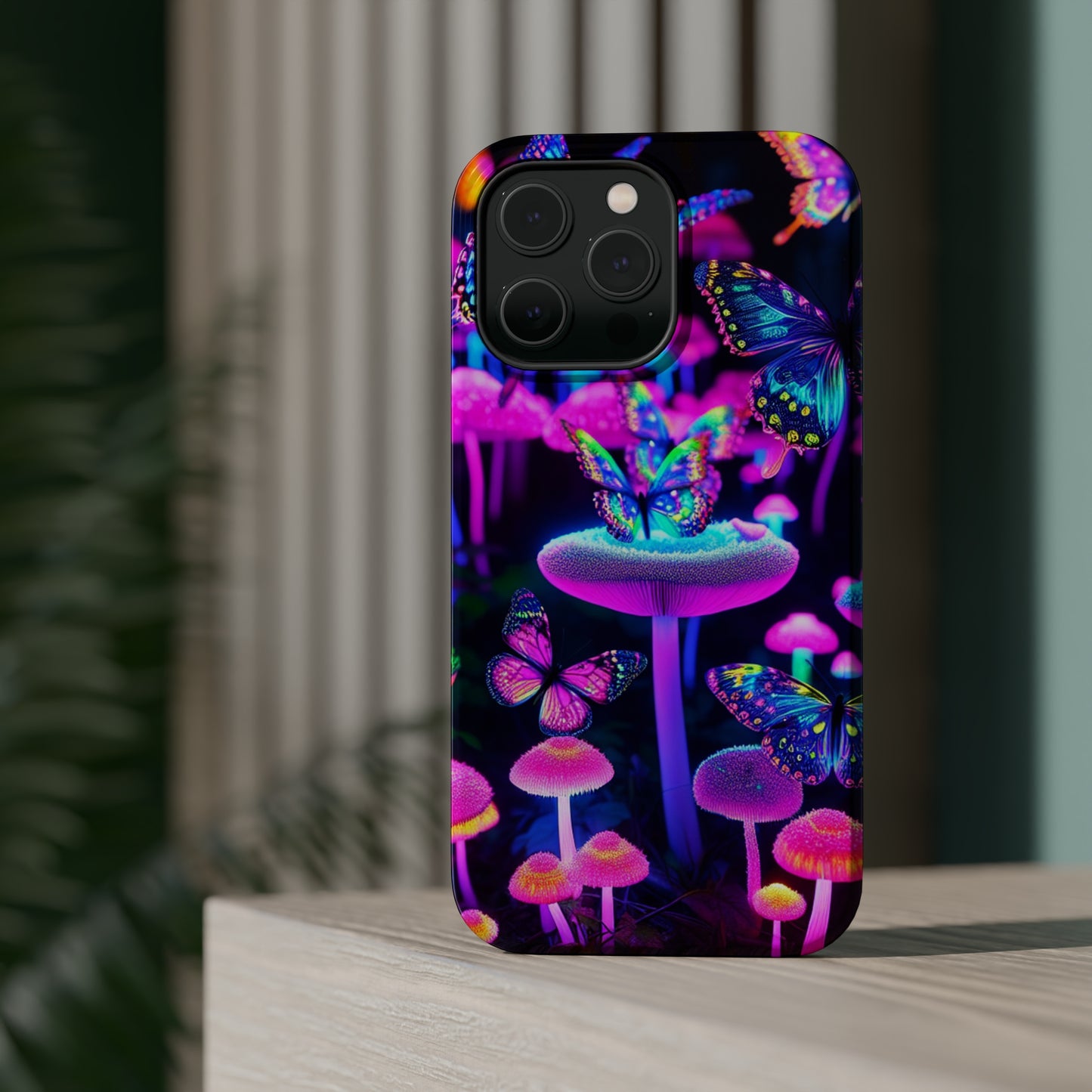 "Neon Gloomsprite Dance" Neon Butterflies and Mushrooms Premium Art Magsafe Magnet Tough IPhone 13 14 15 Pro Plus Max and Mini in Matte and Glossy Phone cases