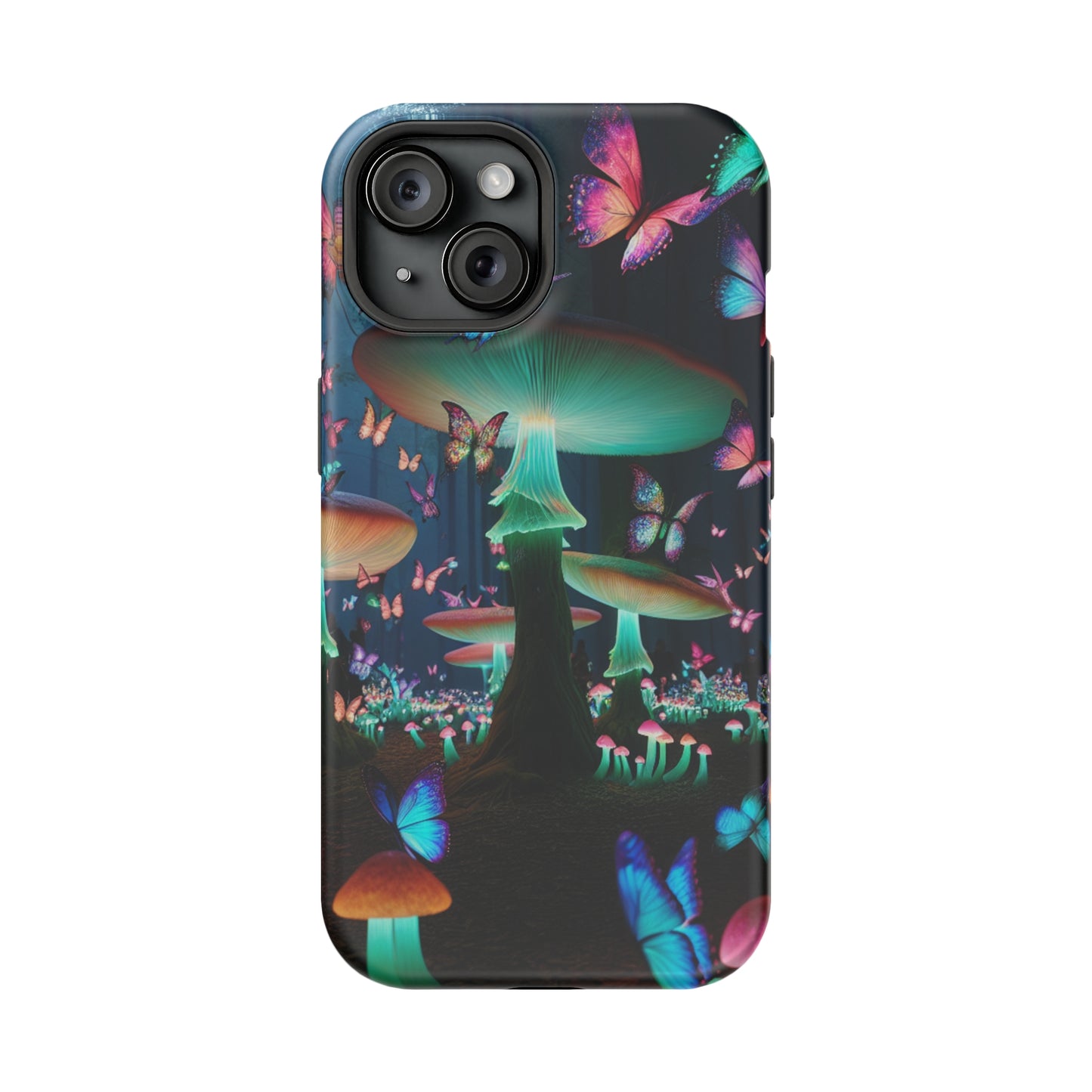 Neon Garden Delight. Neon Butterflies and Mushrooms Premium Art Magsafe Magnet Tough IPhone 13 14 15 Pro Plus Max and Mini in Matte and Glossy Phone cases