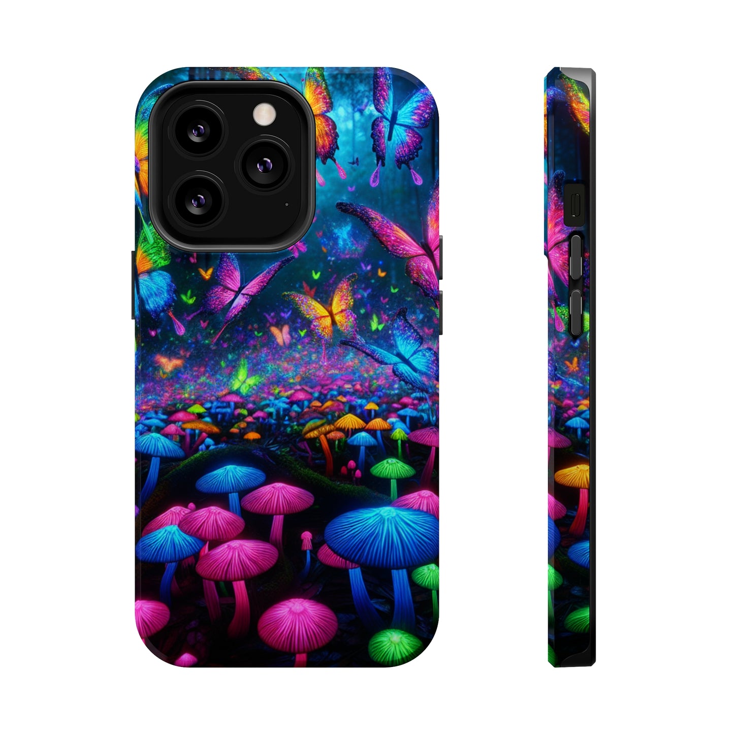 Neon Fruition Neon Butterflies and Mushrooms Premium Art Magsafe Magnet Tough IPhone 13 14 15 Pro Plus Max and Mini in Matte and Glossy Phone cases