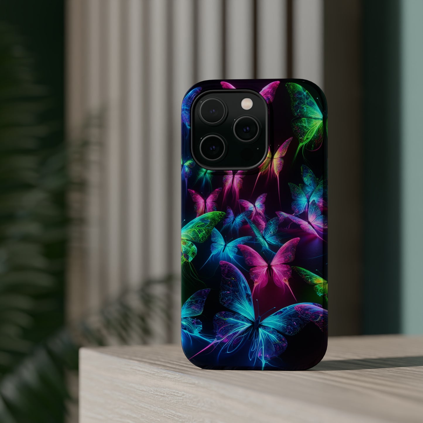 'Euphoria in Neon Flight' Neon Butterflies Premium Art Magsafe Magnet Tough IPhone 13 14 15 Pro Plus Max and Mini in Matte and Glossy Phone cases