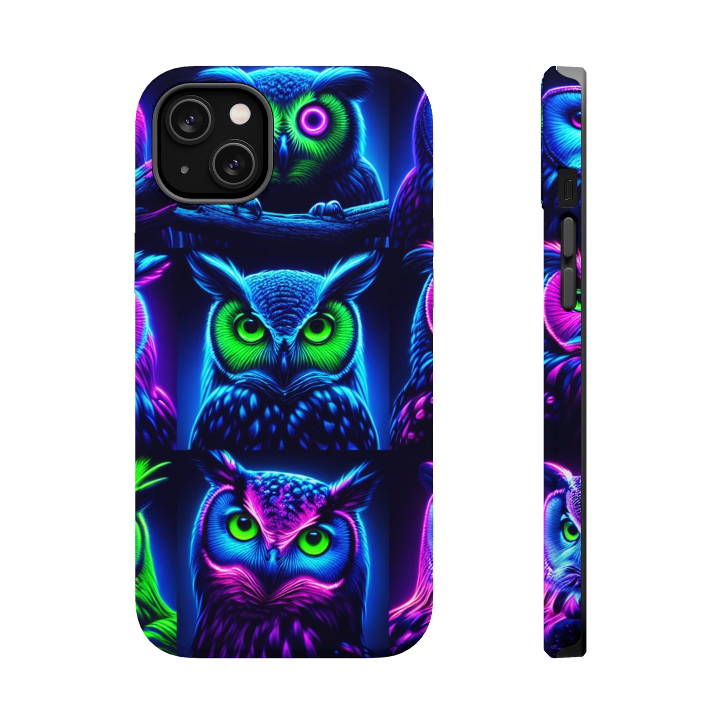 "Neon Nocturne" Neon Owls Premium Art Magsafe Magnet Tough IPhone 13 14 15 Pro Plus Max and Mini in Matte and Glossy Phone cases