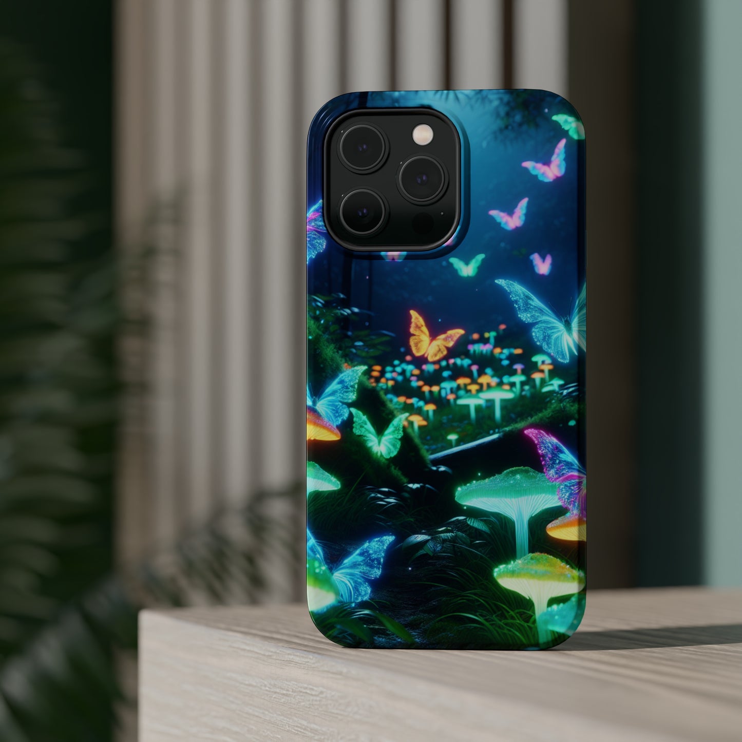 "Neon Meadow" Neon Butterflies and Mushrooms Premium Art Magsafe Magnet Tough IPhone 13 14 15 Pro Plus Max and Mini in Matte and Glossy Phone cases