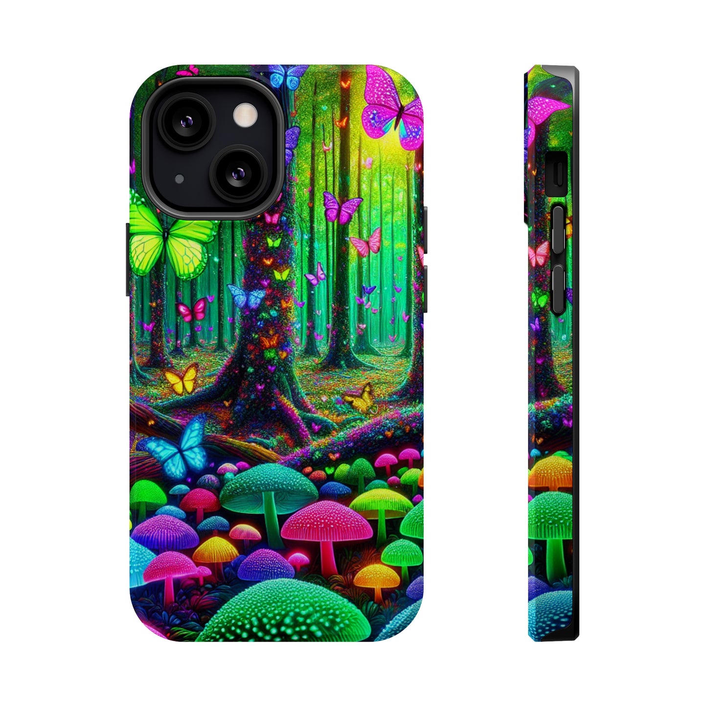 "Neon Garden Symphony". Neon Butterflies and Mushrooms Premium Art Magsafe Magnet Tough IPhone 13 14 15 Pro Plus Max and Mini in Matte and Glossy Phone cases