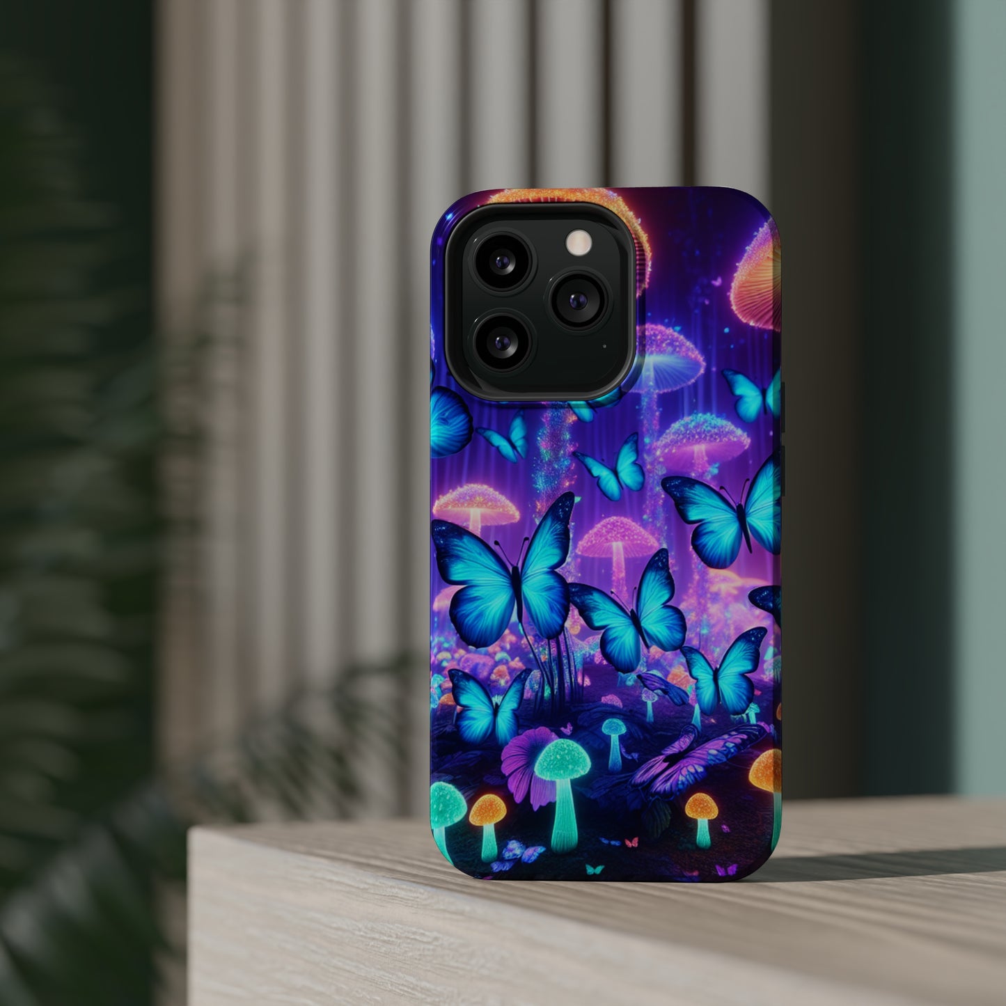 Neon Delight Landscape Neon Butterflies and Mushrooms Premium Art Magsafe Magnet Tough IPhone 13 14 15 Pro Plus Max and Mini in Matte and Glossy Phone cases