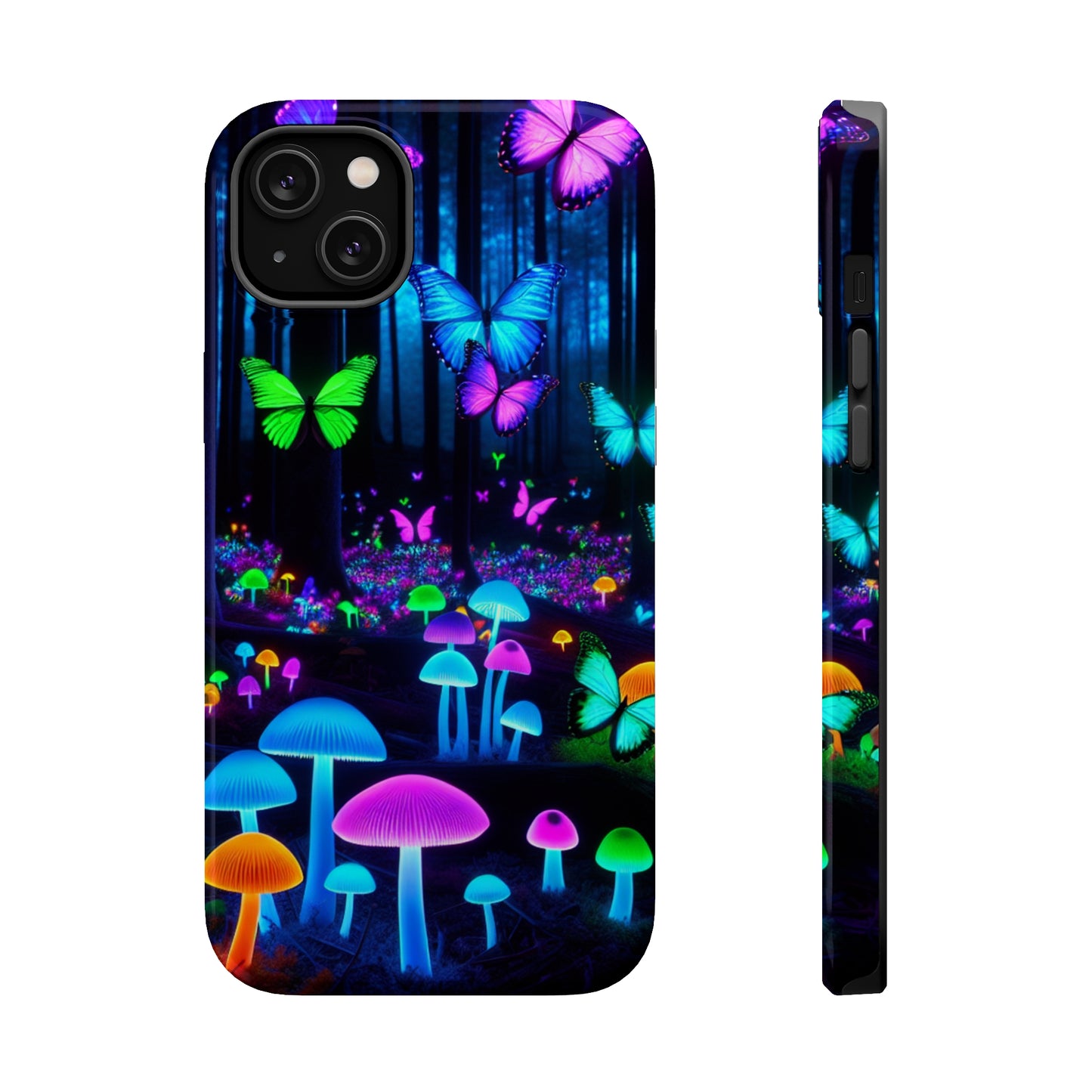 Neon Spectacle. Neon Butterflies and Mushrooms Premium Art Magsafe Magnet Tough IPhone 13 14 15 Pro Plus Max and Mini in Matte and Glossy Phone cases