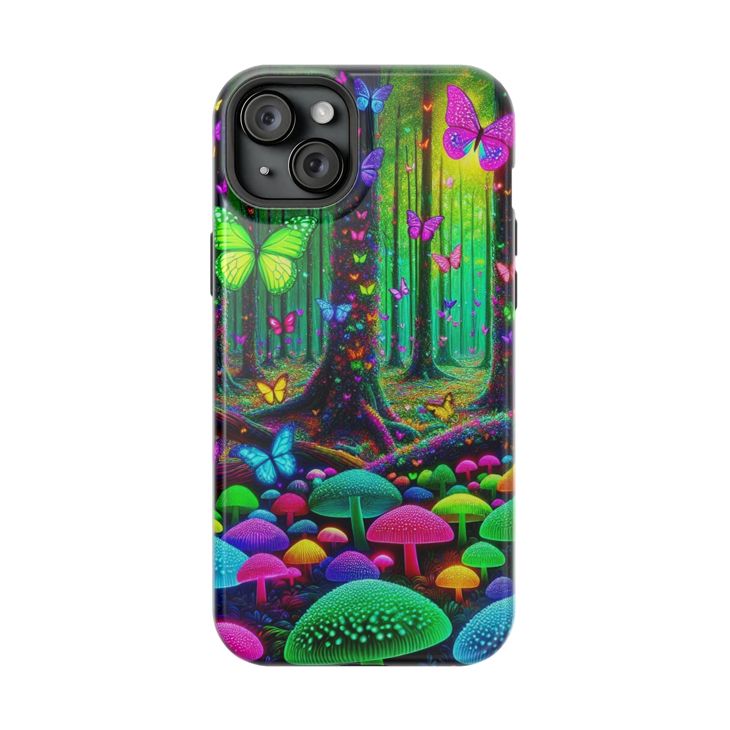 "Neon Garden Symphony". Neon Butterflies and Mushrooms Premium Art Magsafe Magnet Tough IPhone 13 14 15 Pro Plus Max and Mini in Matte and Glossy Phone cases