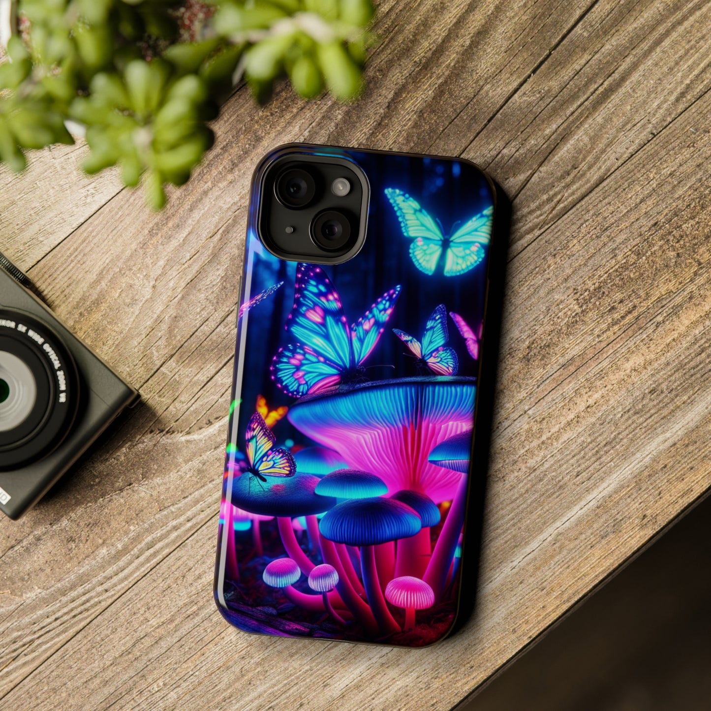 Neon Fantasy Garden Neon Butterflies and Mushrooms Premium Art Magsafe Magnet Tough IPhone 13 14 15 Pro Plus Max and Mini in Matte and Glossy Phone cases