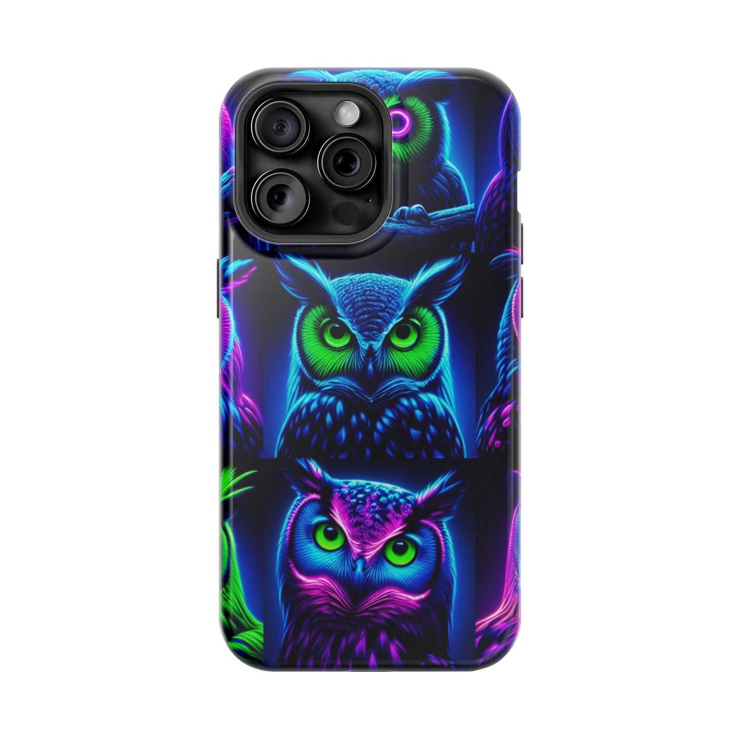 "Neon Nocturne" Neon Owls Premium Art Magsafe Magnet Tough IPhone 13 14 15 Pro Plus Max and Mini in Matte and Glossy Phone cases