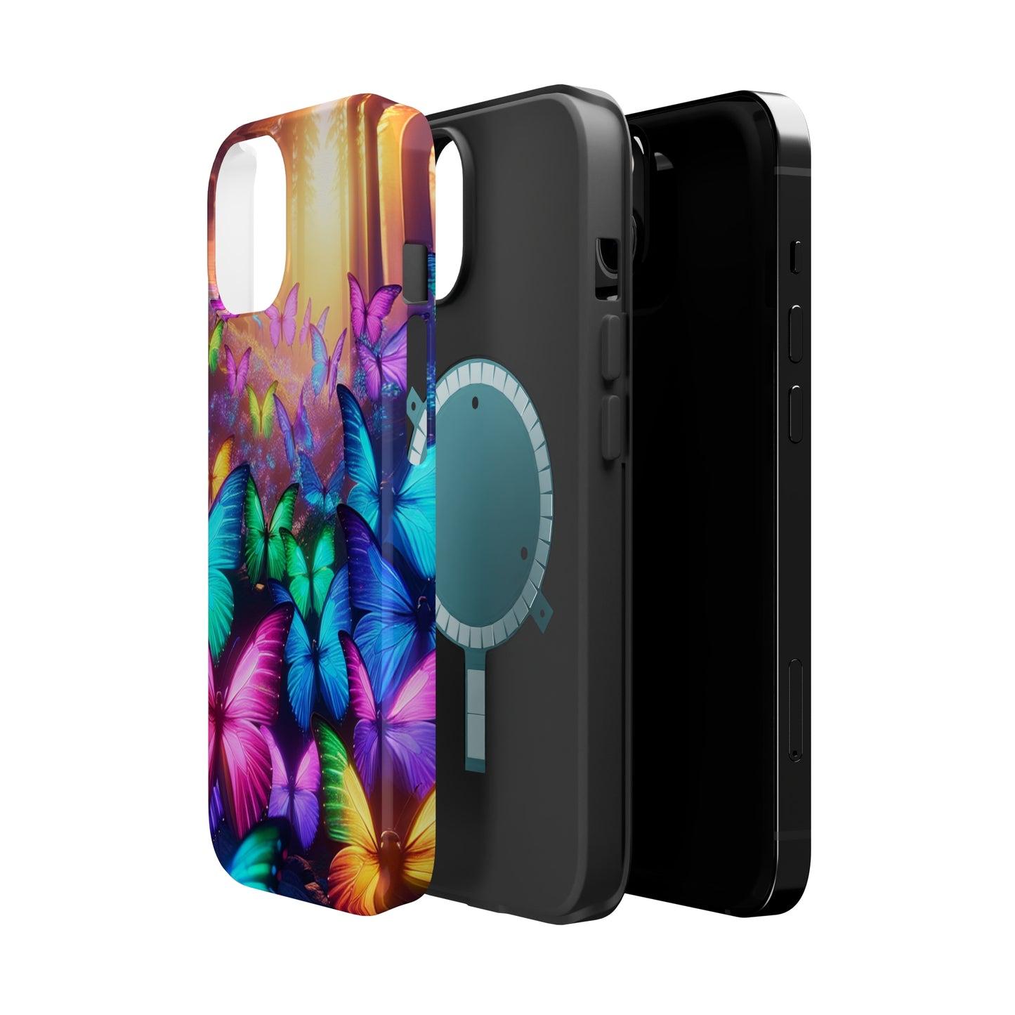 "Radiant Glowing Flight" Neon Butterflies Premium Art Magsafe Magnet Tough IPhone 13 14 15 Pro Plus Max and Mini in Matte and Glossy Phone cases