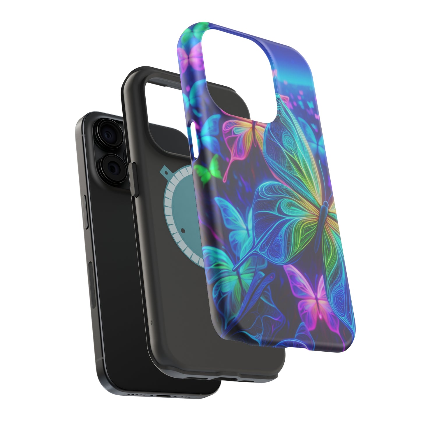 'Serene Spectacle of Neon Butterflies' Neon Butterflies Premium Art Magsafe Magnet Tough IPhone 13 14 15 Pro Plus Max and Mini in Matte and Glossy Phone cases