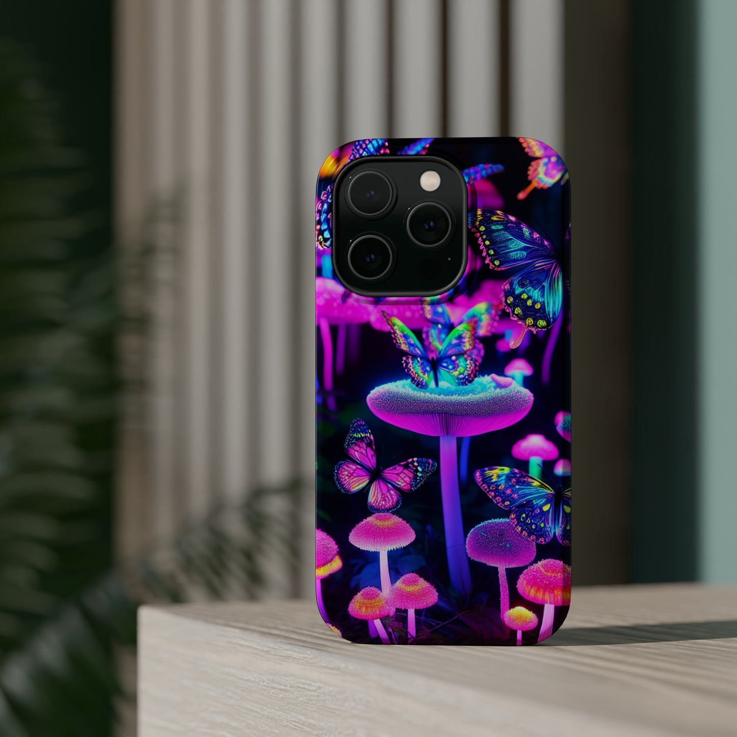 "Neon Gloomsprite Dance" Neon Butterflies and Mushrooms Premium Art Magsafe Magnet Tough IPhone 13 14 15 Pro Plus Max and Mini in Matte and Glossy Phone cases