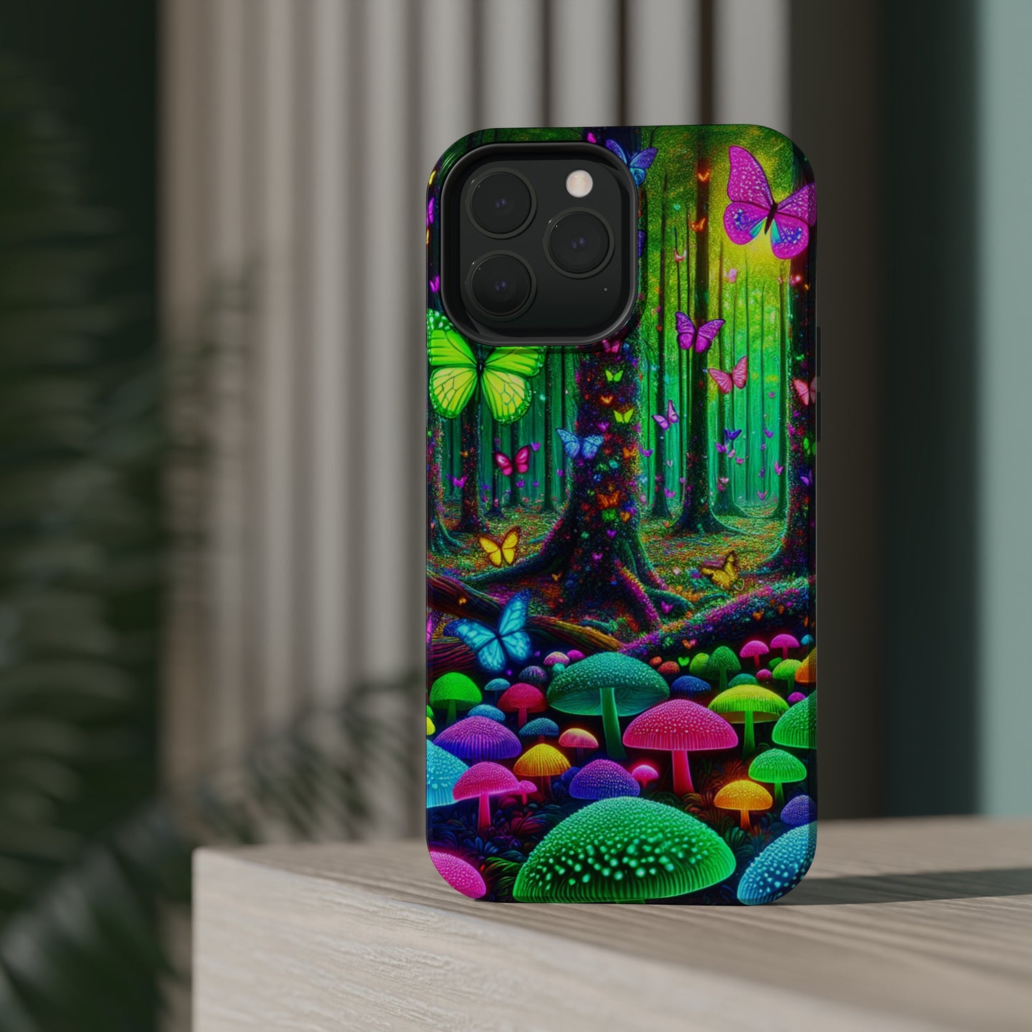 "Neon Garden Symphony". Neon Butterflies and Mushrooms Premium Art Magsafe Magnet Tough IPhone 13 14 15 Pro Plus Max and Mini in Matte and Glossy Phone cases