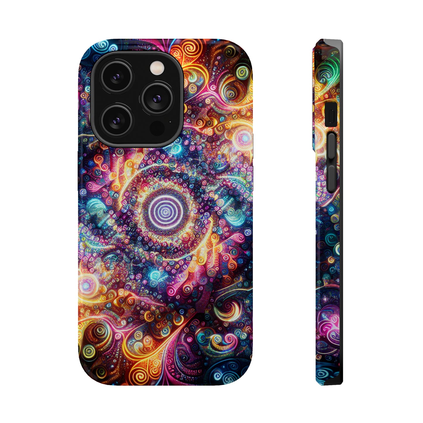 Cosmic Chromatic Mirage. Neon Trippy Infinity Patterns Premium Art Magsafe Magnet Tough IPhone 13 14 15 Pro Plus Max and Mini in Matte and Glossy Phone cases