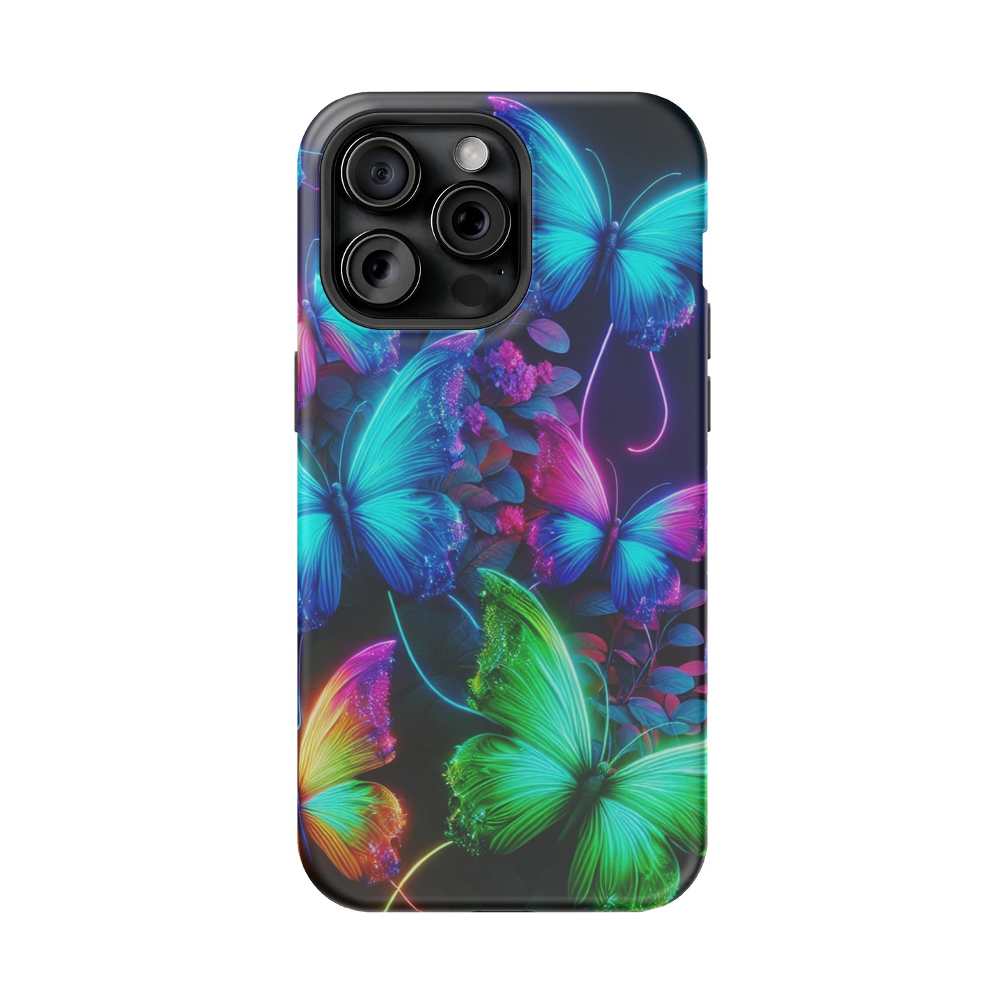 Neon Flutter Symphony Neon Butterflies Premium Art Magsafe Magnet Tough IPhone 13 14 15 Pro Plus Max and Mini in Matte and Glossy Phone cases