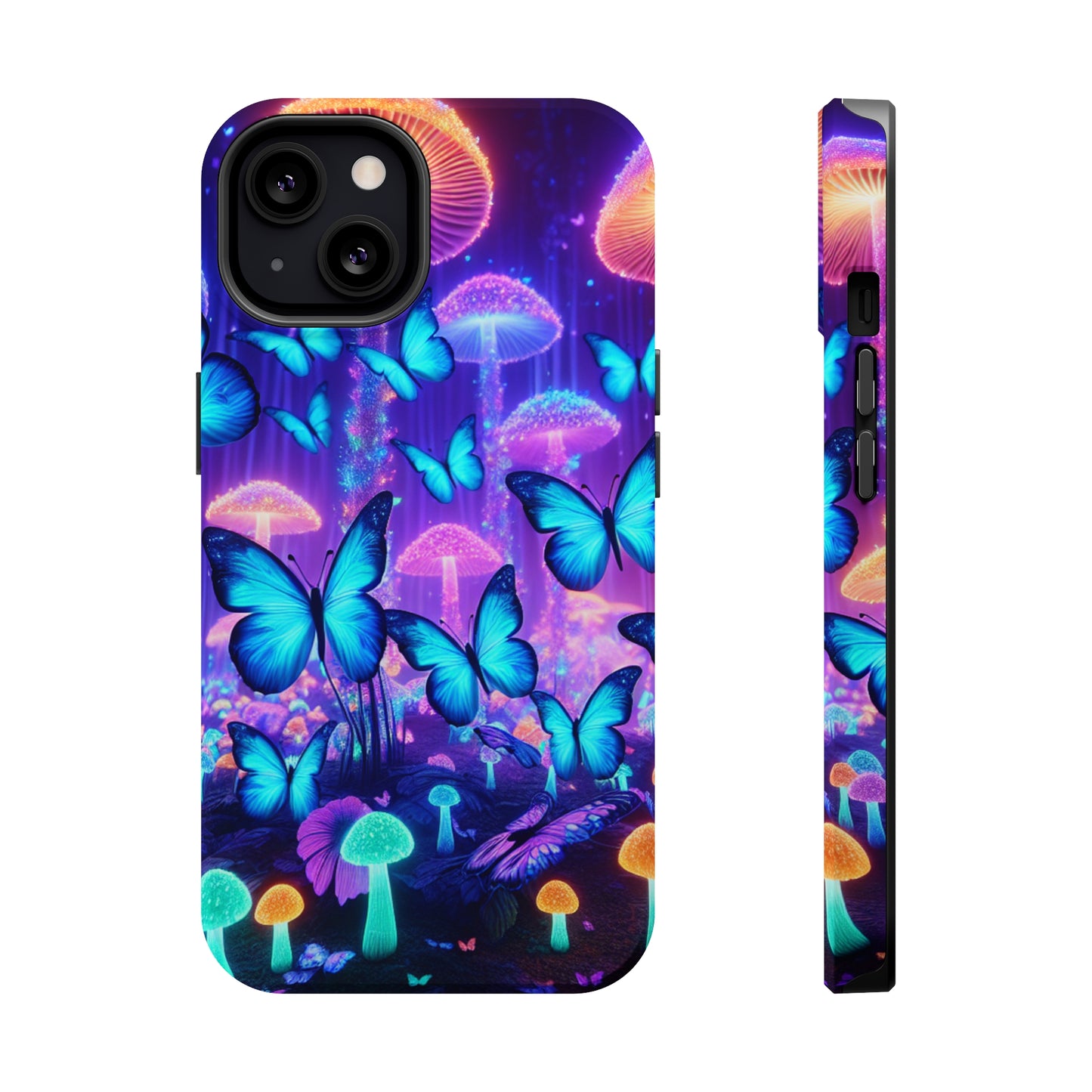 Neon Delight Landscape Neon Butterflies and Mushrooms Premium Art Magsafe Magnet Tough IPhone 13 14 15 Pro Plus Max and Mini in Matte and Glossy Phone cases