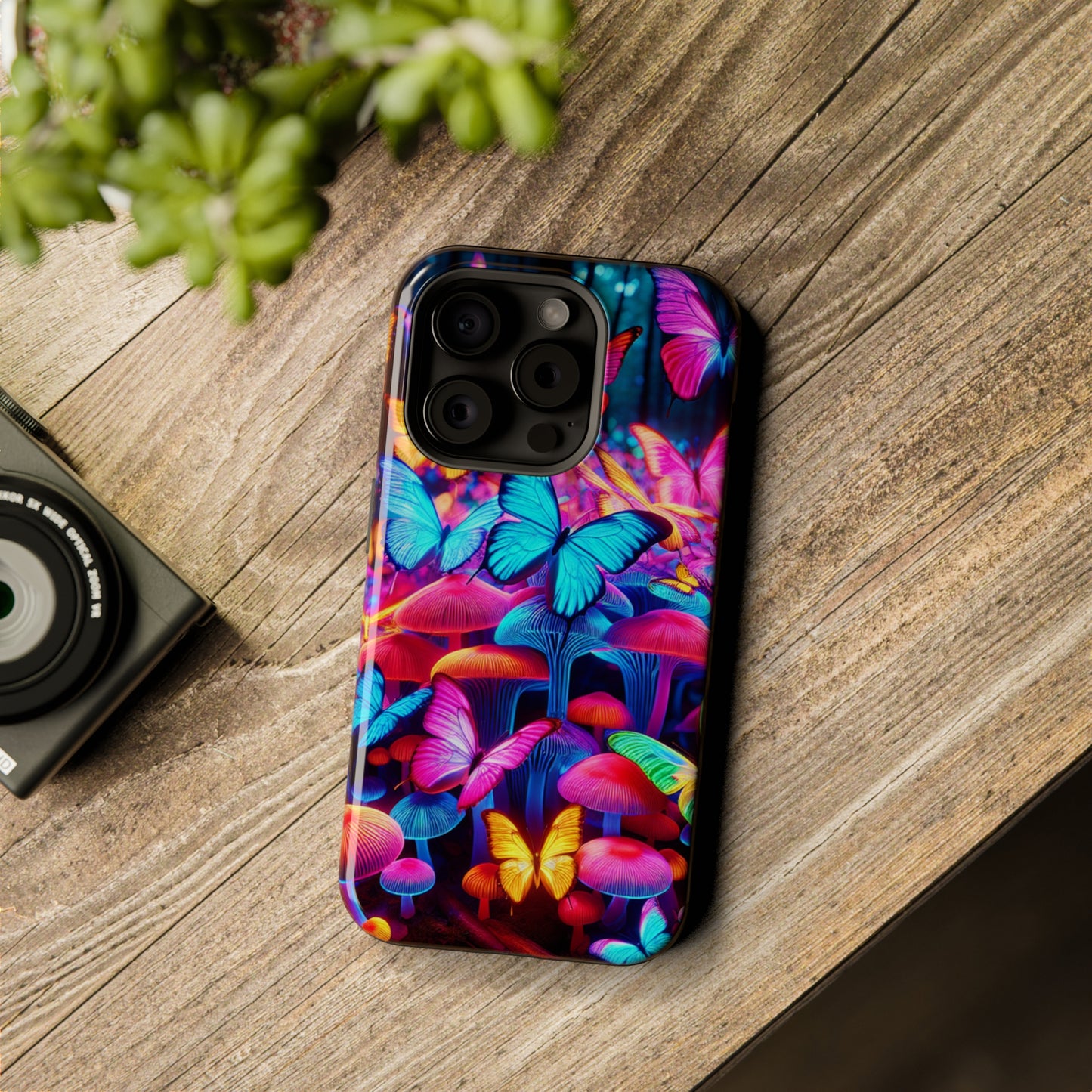"Neon Tie-Dye Garden" Neon Butterflies and Mushrooms Premium Art Magsafe Magnet Tough IPhone 13 14 15 Pro Plus Max and Mini in Matte and Glossy Phone cases