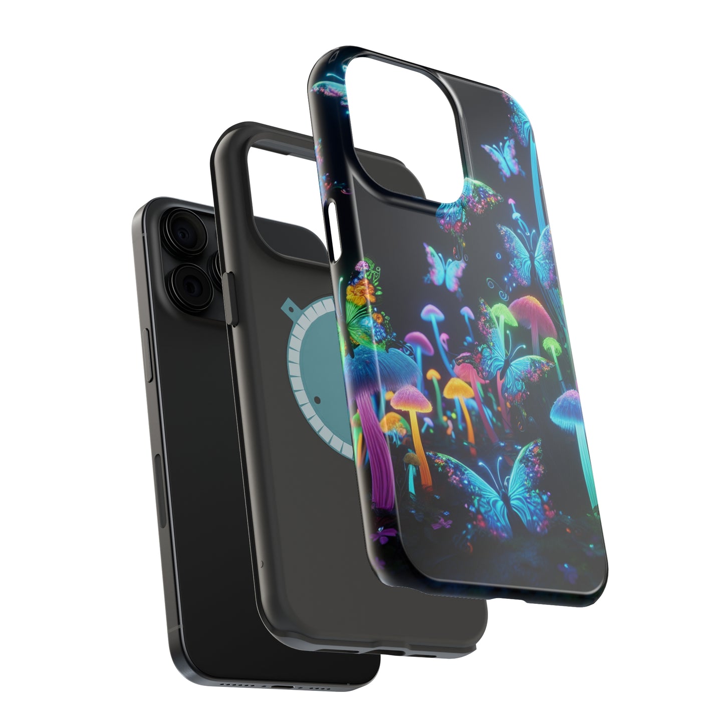 "Neon Dreamscape" Neon Butterflies and Mushrooms Premium Art Magsafe Magnet Tough IPhone 13 14 15 Pro Plus Max and Mini in Matte and Glossy Phone cases