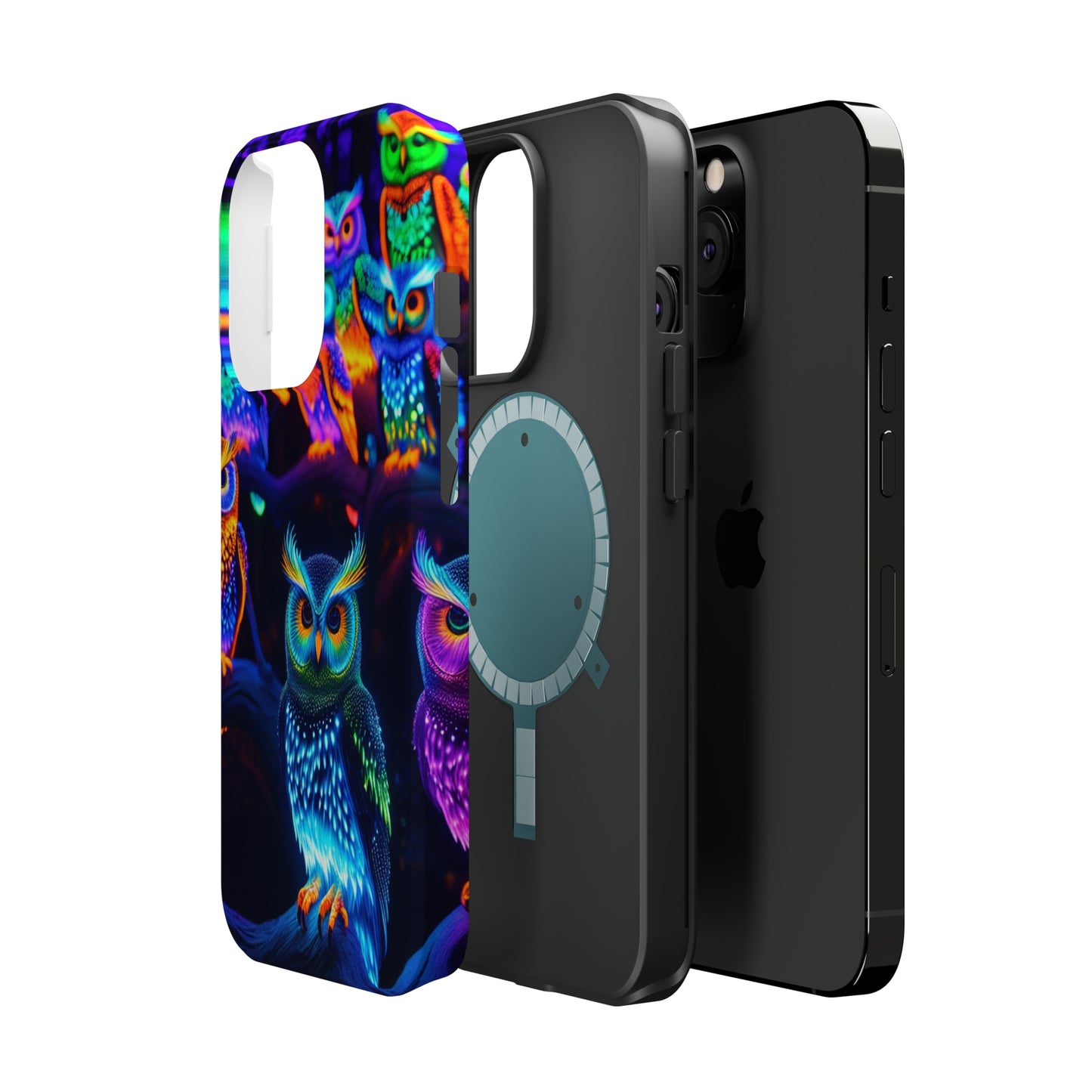 Glowing Neon Clan. Neon Owls Premium Art Magsafe Magnet Tough IPhone 13 14 15 Pro Plus Max and Mini in Matte and Glossy Phone cases