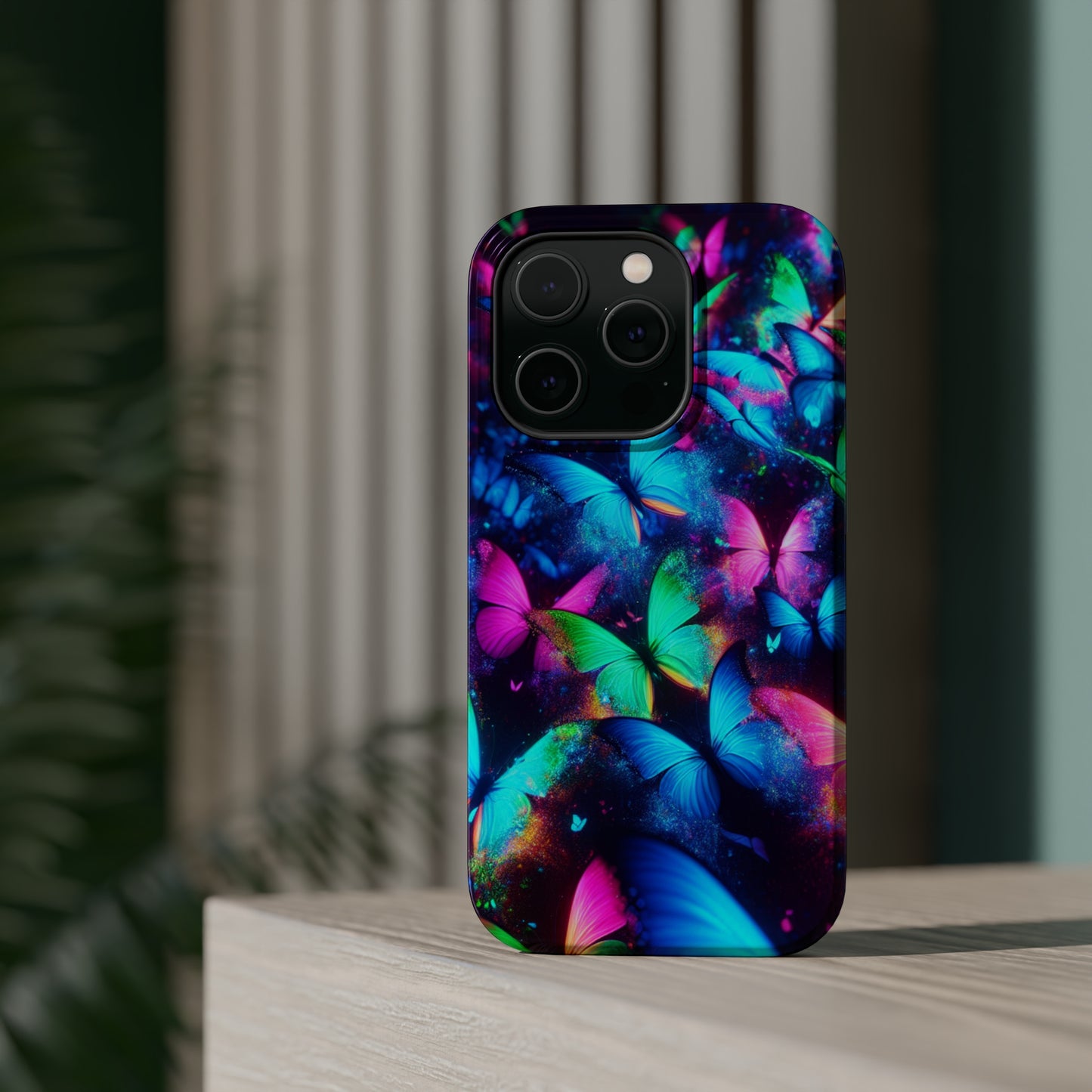 "Neon Flutterglow" Neon Butterflies Premium Art Magsafe Magnet Tough IPhone 13 14 15 Pro Plus Max and Mini in Matte and Glossy Phone cases