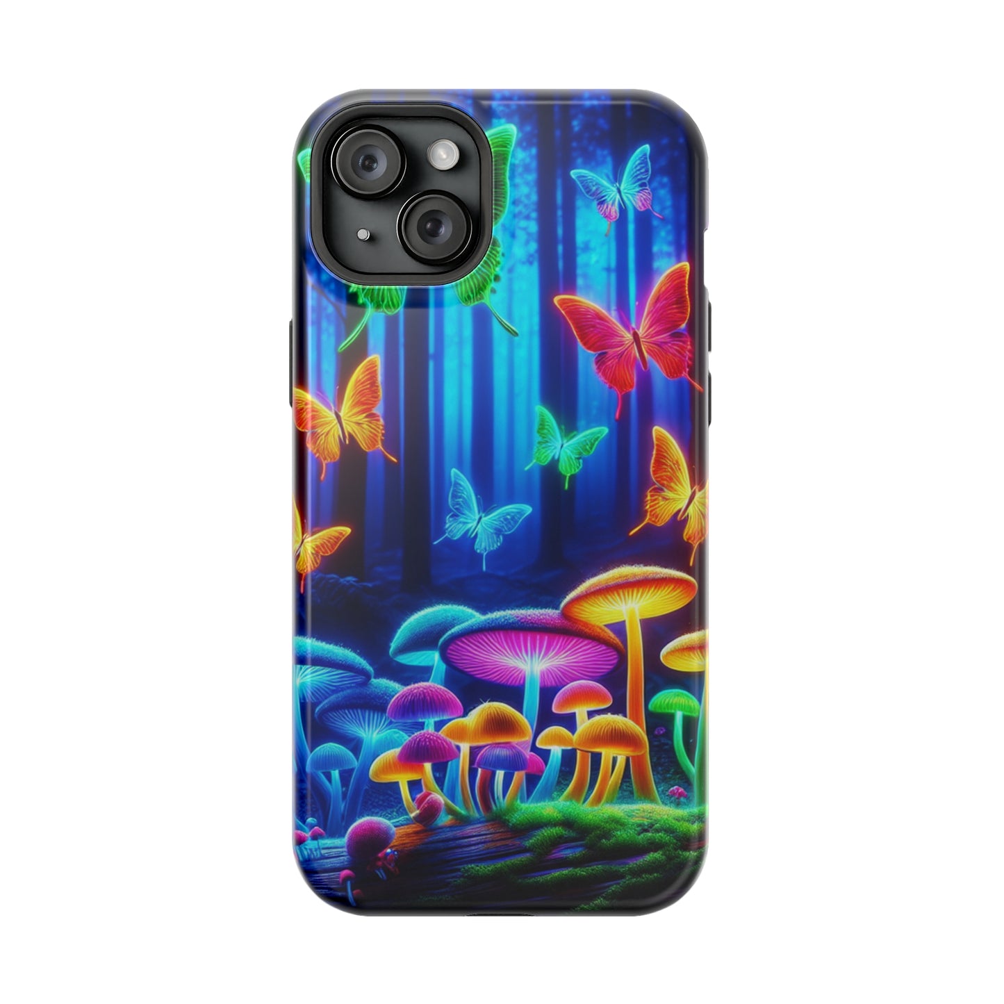 "Neon Garden Delight" Neon Butterflies and Mushrooms Premium Art Magsafe Magnet Tough IPhone 13 14 15 Pro Plus Max and Mini in Matte and Glossy Phone cases