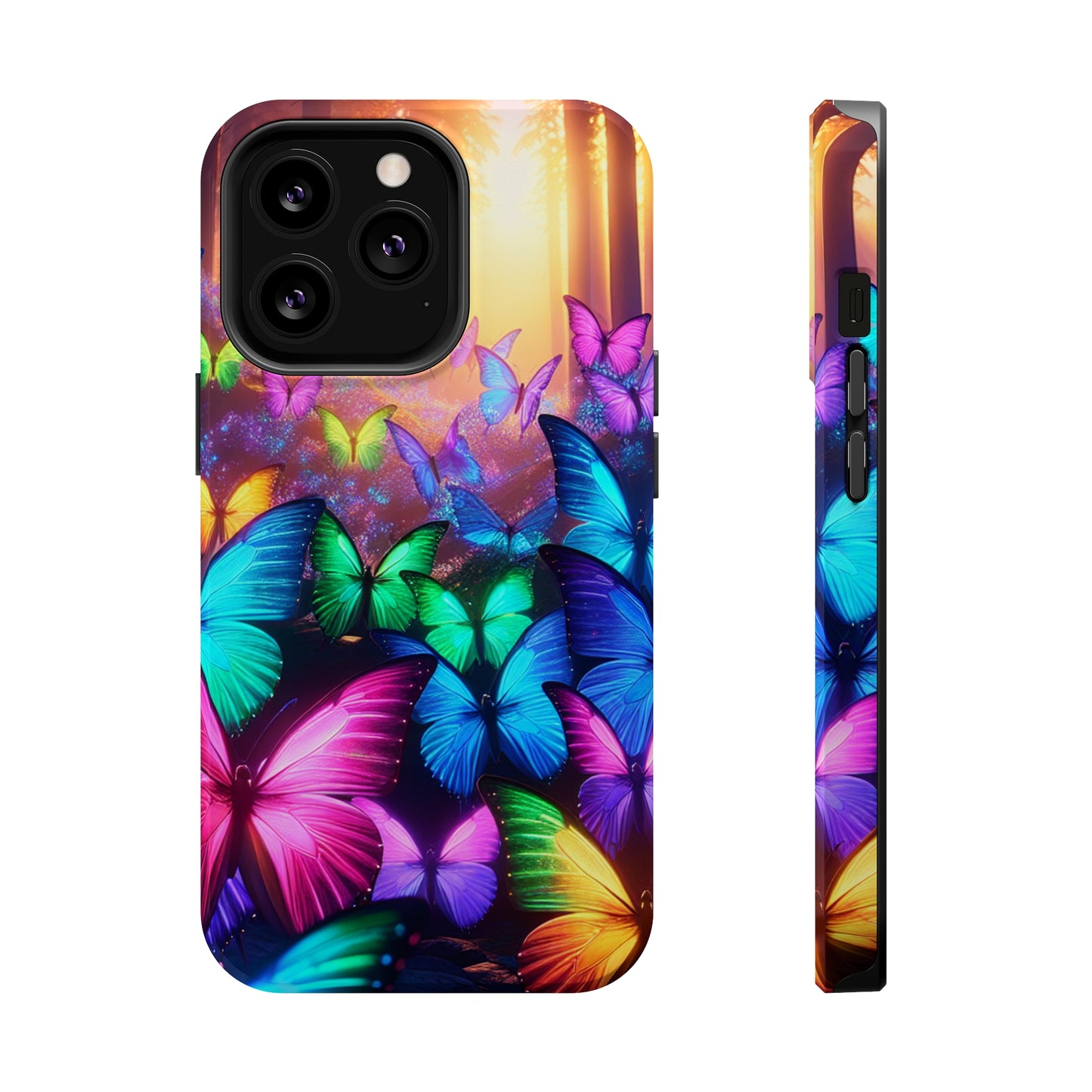 "Radiant Glowing Flight" Neon Butterflies Premium Art Magsafe Magnet Tough IPhone 13 14 15 Pro Plus Max and Mini in Matte and Glossy Phone cases