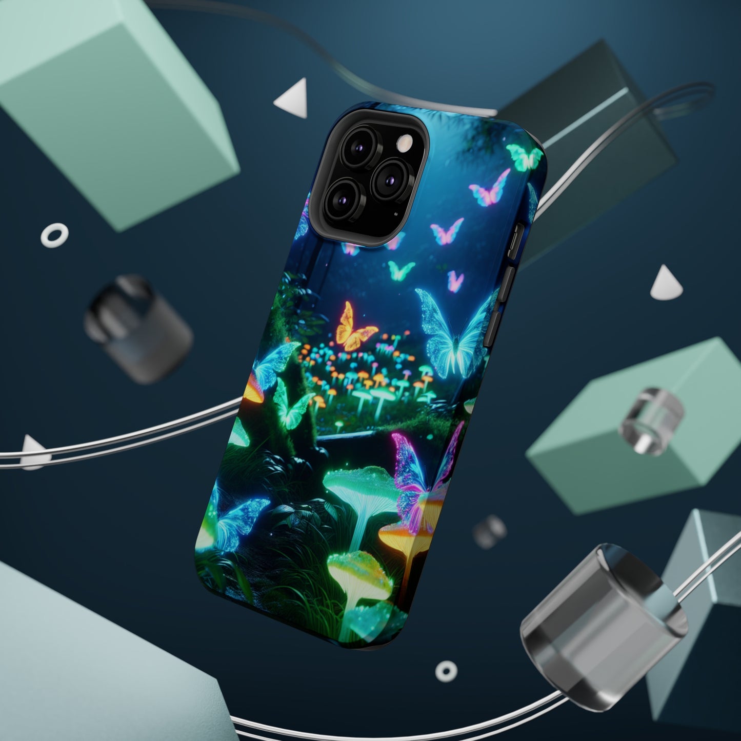 "Neon Meadow" Neon Butterflies and Mushrooms Premium Art Magsafe Magnet Tough IPhone 13 14 15 Pro Plus Max and Mini in Matte and Glossy Phone cases