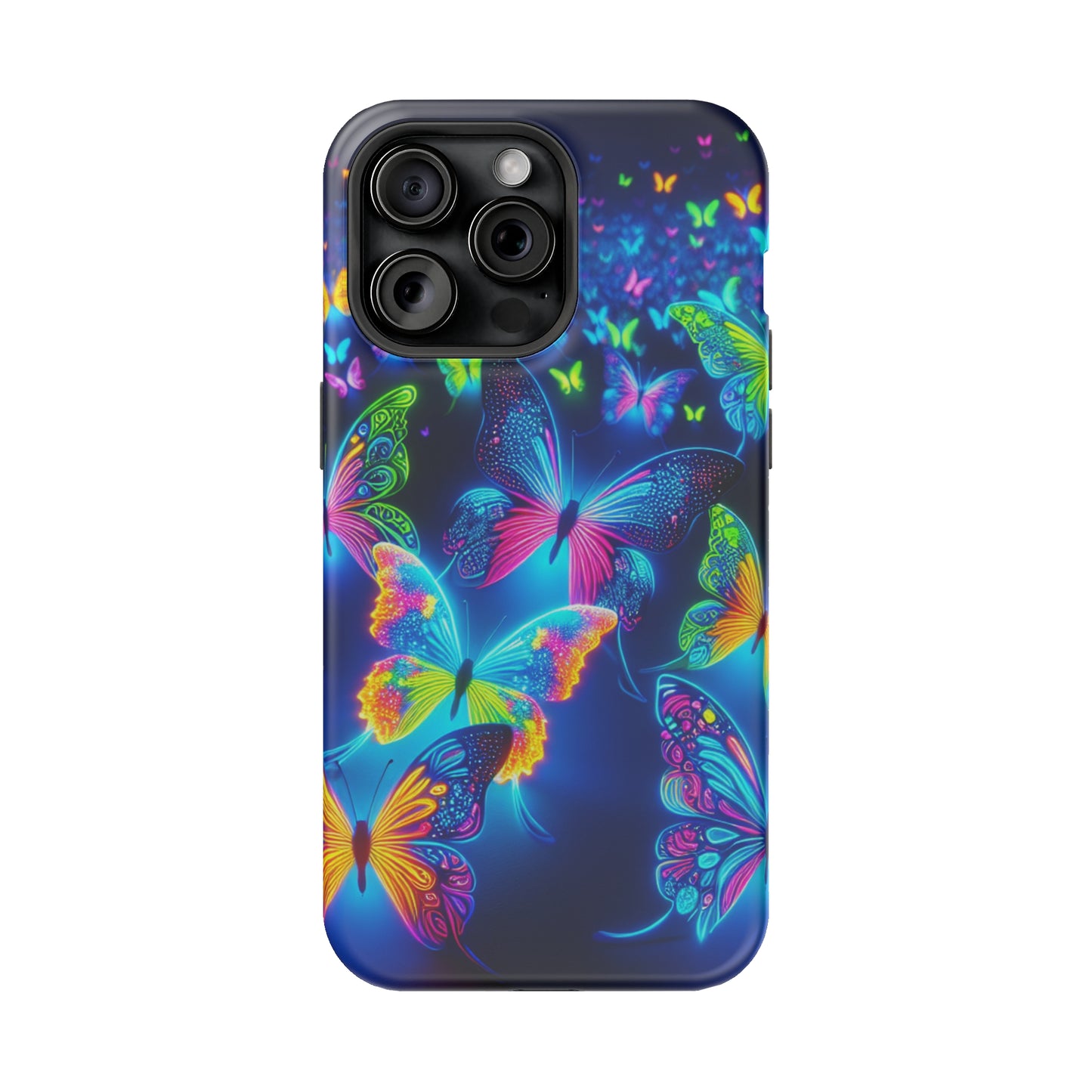 "Atmospheric Fluorescence" Neon Butterflies Premium Art Magsafe Magnet Tough IPhone 13 14 15 Pro Plus Max and Mini in Matte and Glossy Phone cases