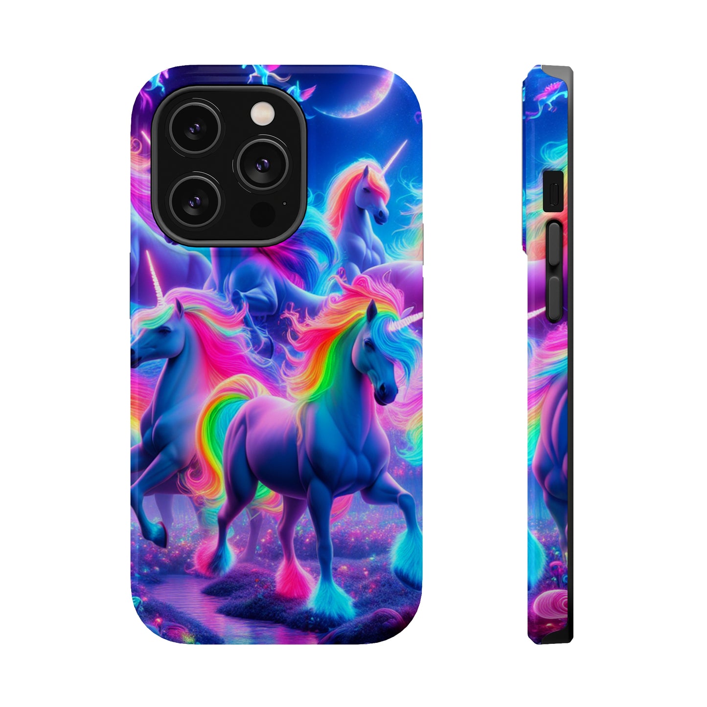 "Unicorn Prism" Neon Unicorns Premium Art Magsafe Magnet Tough IPhone 13 14 15 Pro Plus Max and Mini in Matte and Glossy Phone cases
