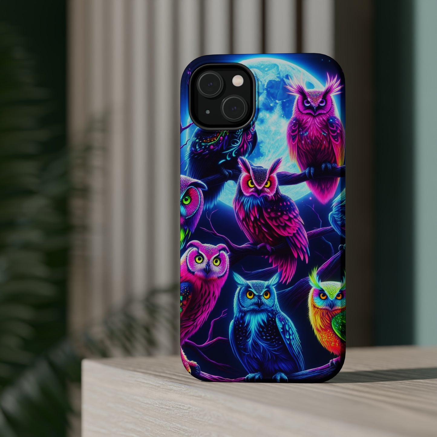 "Neon Splash of Owls" Neon Owls Premium Art Magsafe Magnet Tough IPhone 13 14 15 Pro Plus Max and Mini in Matte and Glossy Phone cases