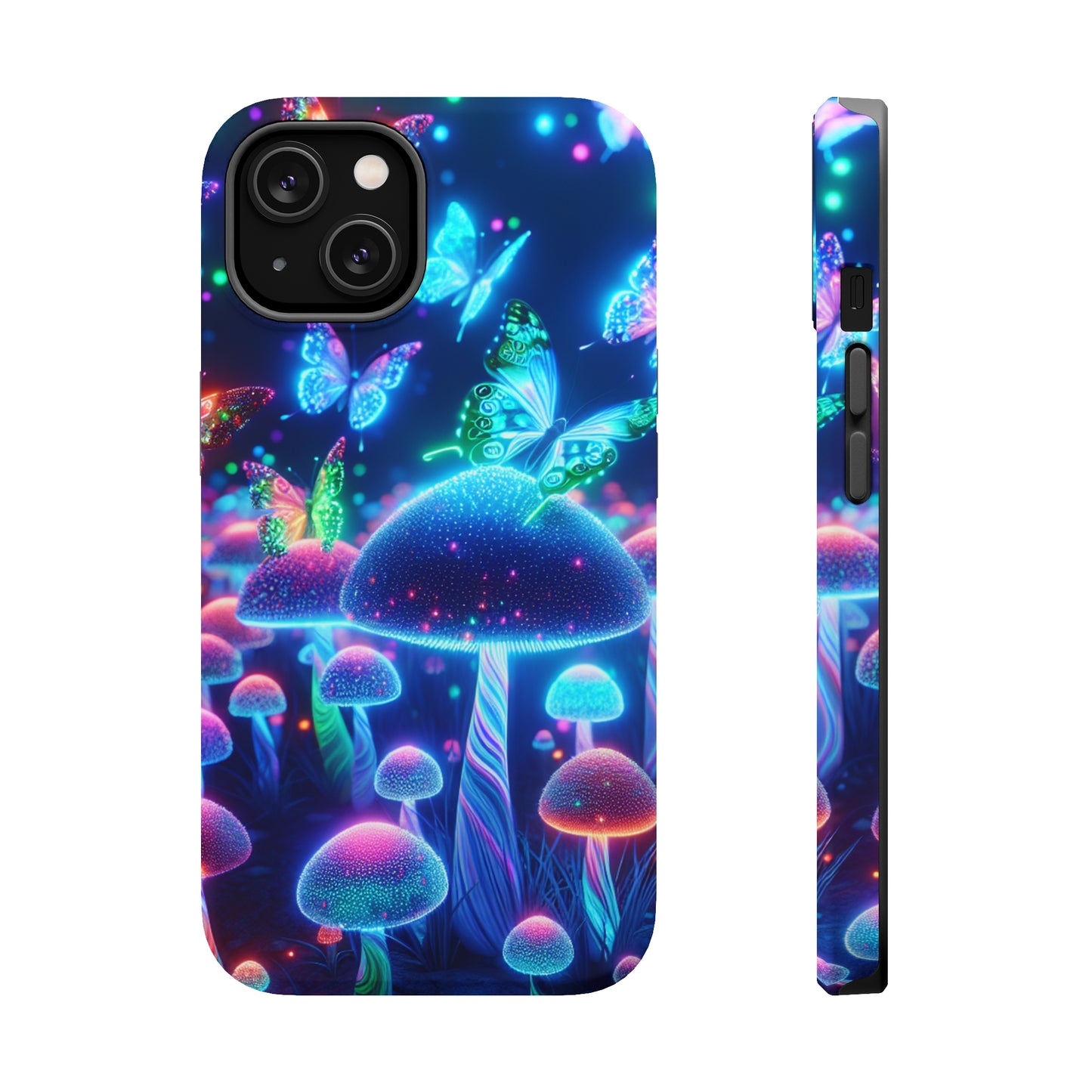 Neon Glitterbug Heaven. Neon Butterflies and Mushrooms Premium Art Magsafe Magnet Tough IPhone 13 14 15 Pro Plus Max and Mini in Matte and Glossy Phone cases
