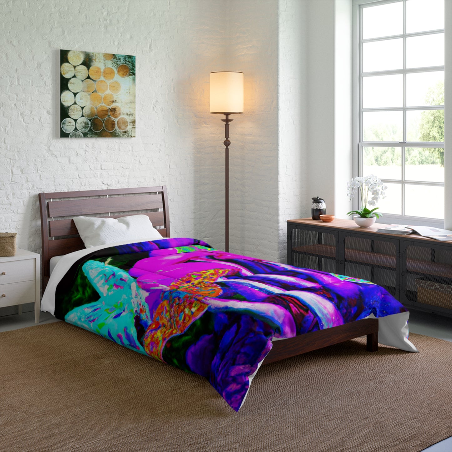"Neon Glade of Wonders" Butterflies & Mushrooms Comforter Blanket