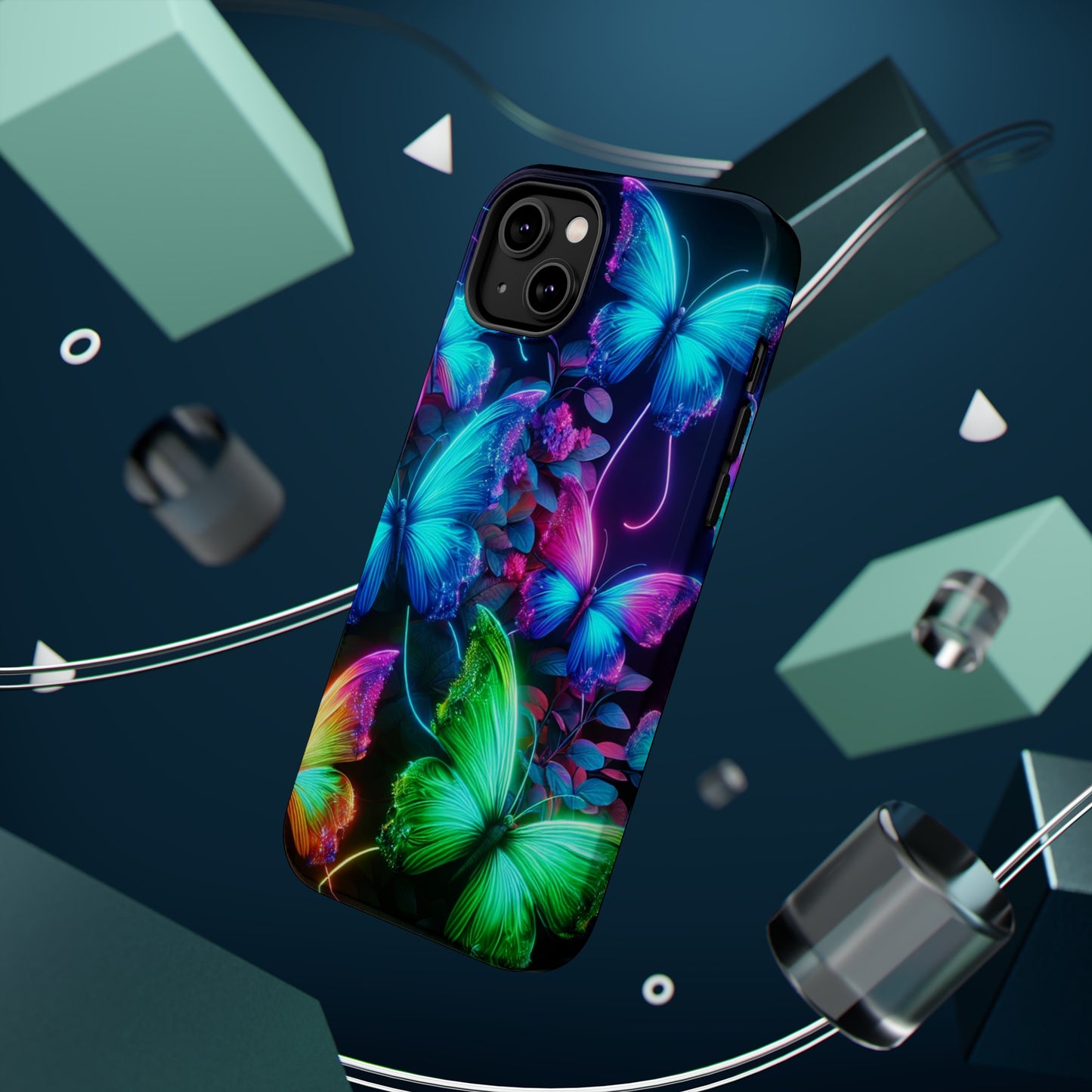 Neon Flutter Symphony Neon Butterflies Premium Art Magsafe Magnet Tough IPhone 13 14 15 Pro Plus Max and Mini in Matte and Glossy Phone cases