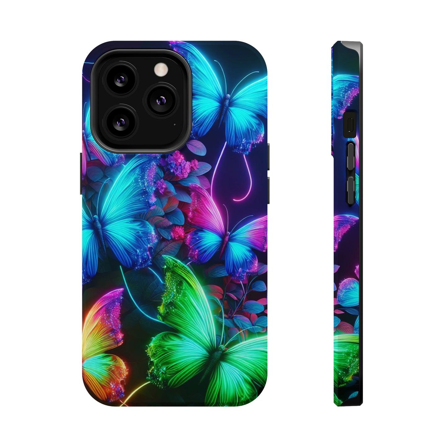 Neon Flutter Symphony Neon Butterflies Premium Art Magsafe Magnet Tough IPhone 13 14 15 Pro Plus Max and Mini in Matte and Glossy Phone cases