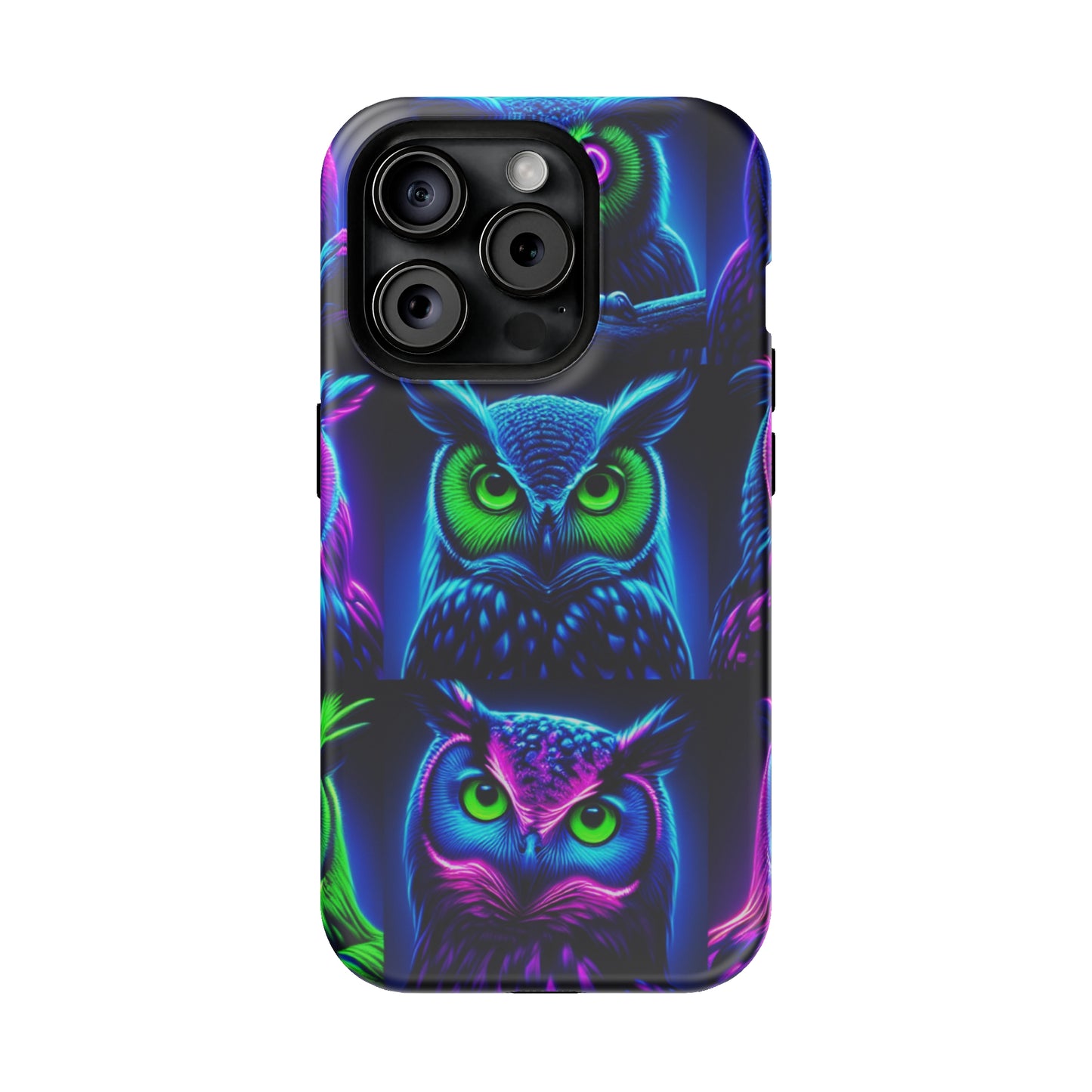 "Neon Nocturne" Neon Owls Premium Art Magsafe Magnet Tough IPhone 13 14 15 Pro Plus Max and Mini in Matte and Glossy Phone cases