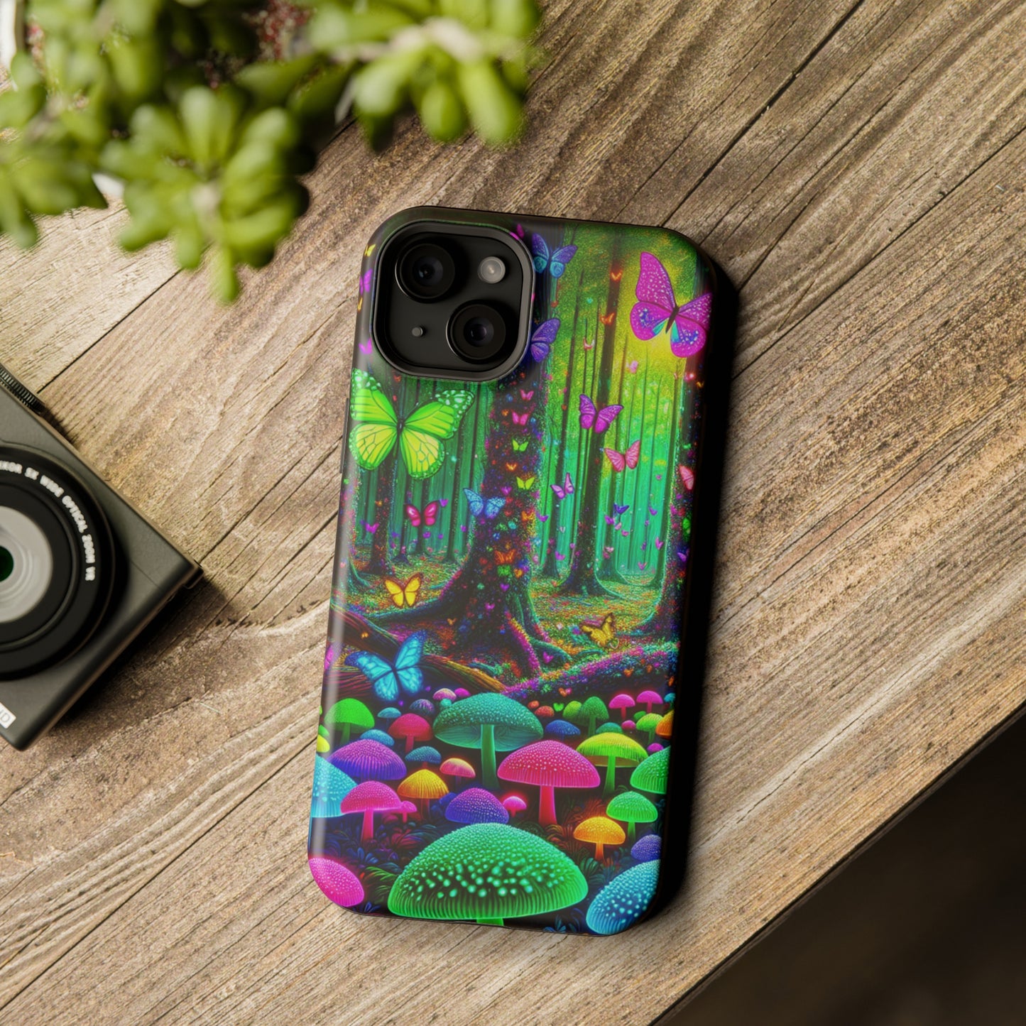 "Neon Garden Symphony". Neon Butterflies and Mushrooms Premium Art Magsafe Magnet Tough IPhone 13 14 15 Pro Plus Max and Mini in Matte and Glossy Phone cases