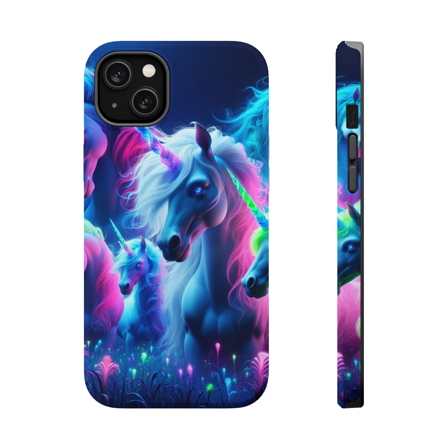 "Unicorn Flux-scape" Neon Unicorns Premium Art Magsafe Magnet Tough IPhone 13 14 15 Pro Plus Max and Mini in Matte and Glossy Phone cases