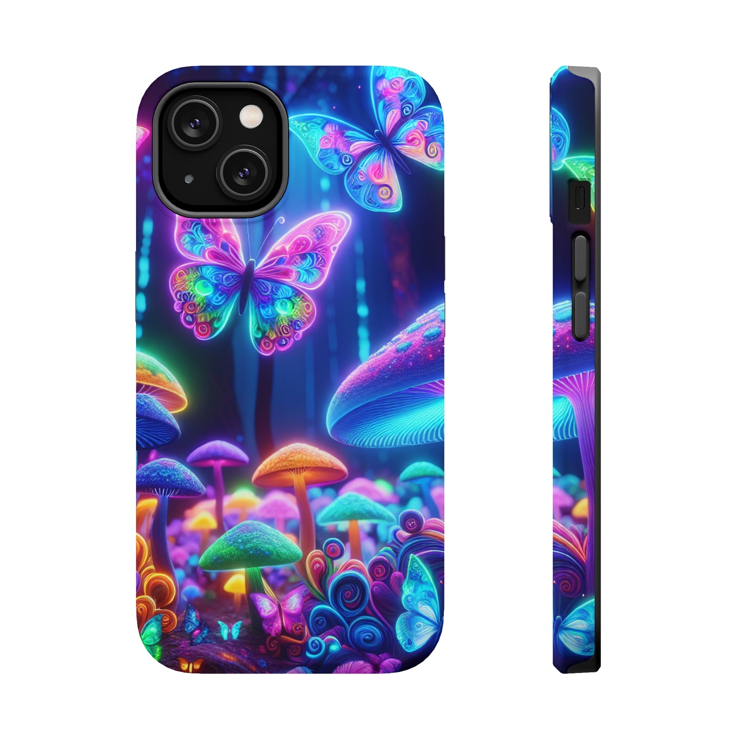 Neon Ecstasy. Neon Butterflies and Mushrooms Premium Art Magsafe Magnet Tough IPhone 13 14 15 Pro Plus Max and Mini in Matte and Glossy Phone cases